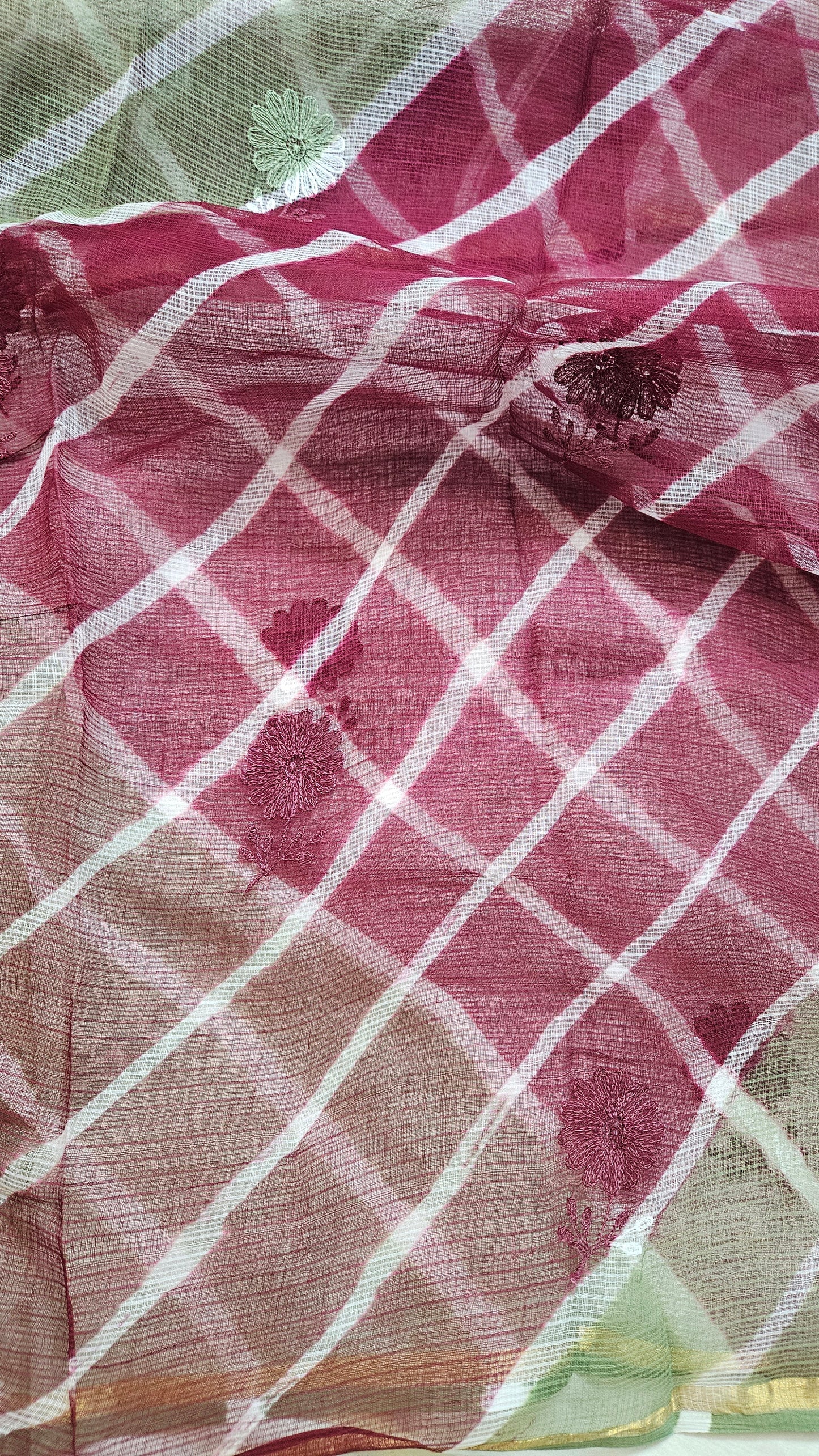 Mehandi green'n'maroon Kota doria cotton suit