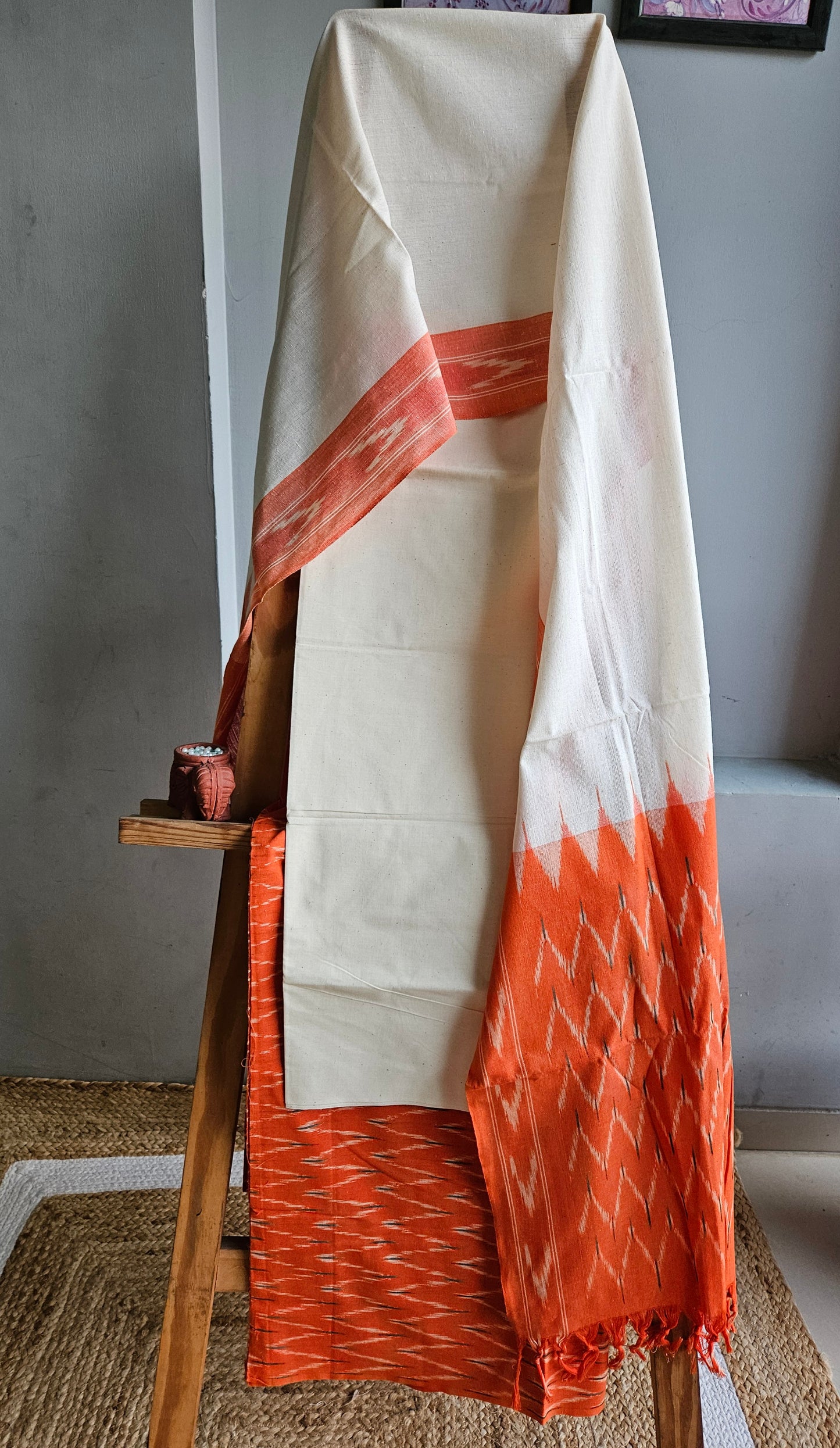 Orange'n'off white cotton ikat weave suit