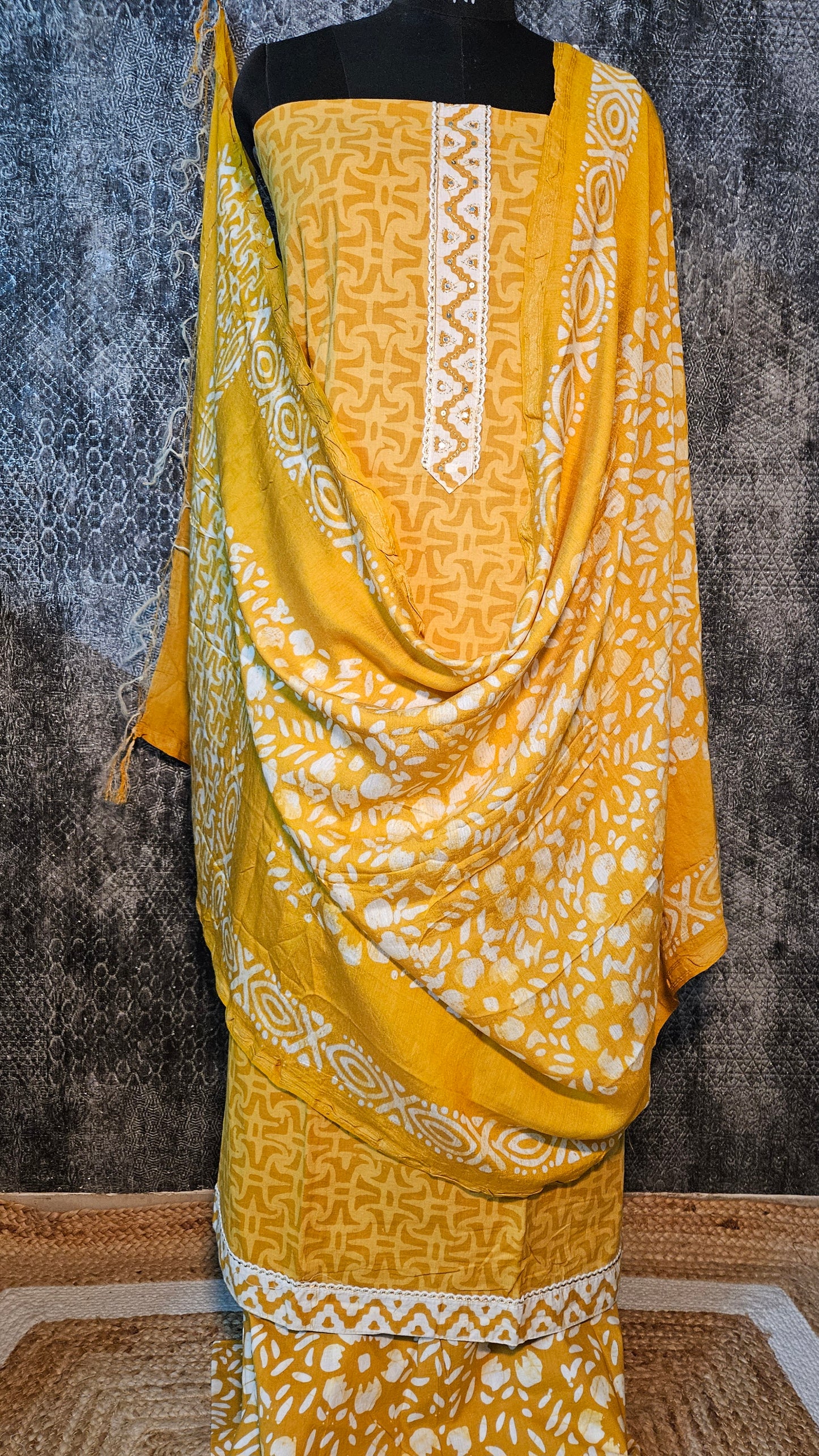 Mustard'n'white batik print cotton suit with batik print silk dupatta