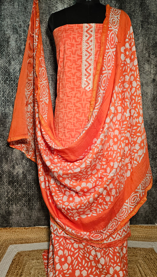 Carrot orange'n'white batik print cotton suit with batik print silk dupatta