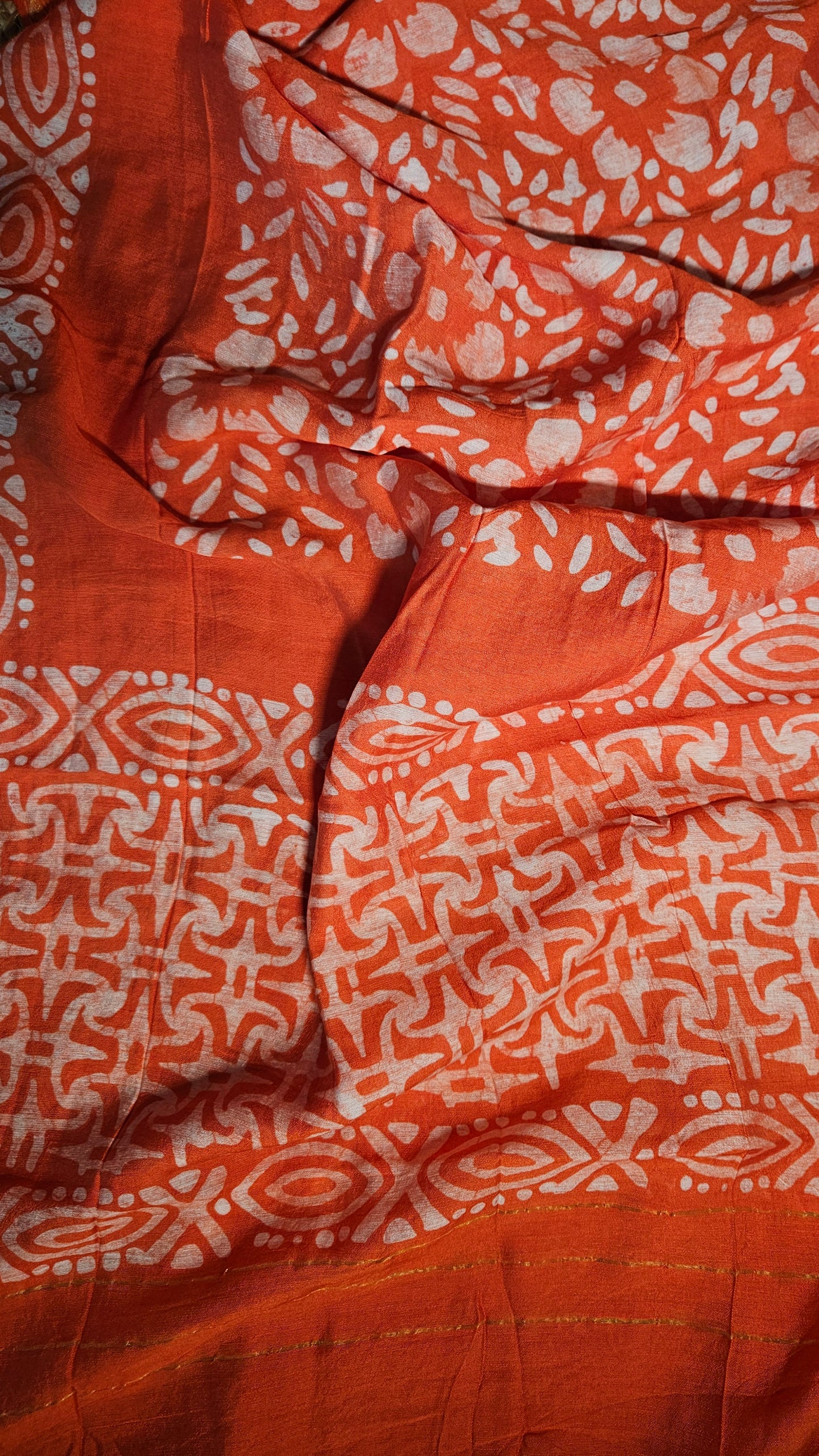 Carrot orange'n'white batik print cotton suit with batik print silk dupatta