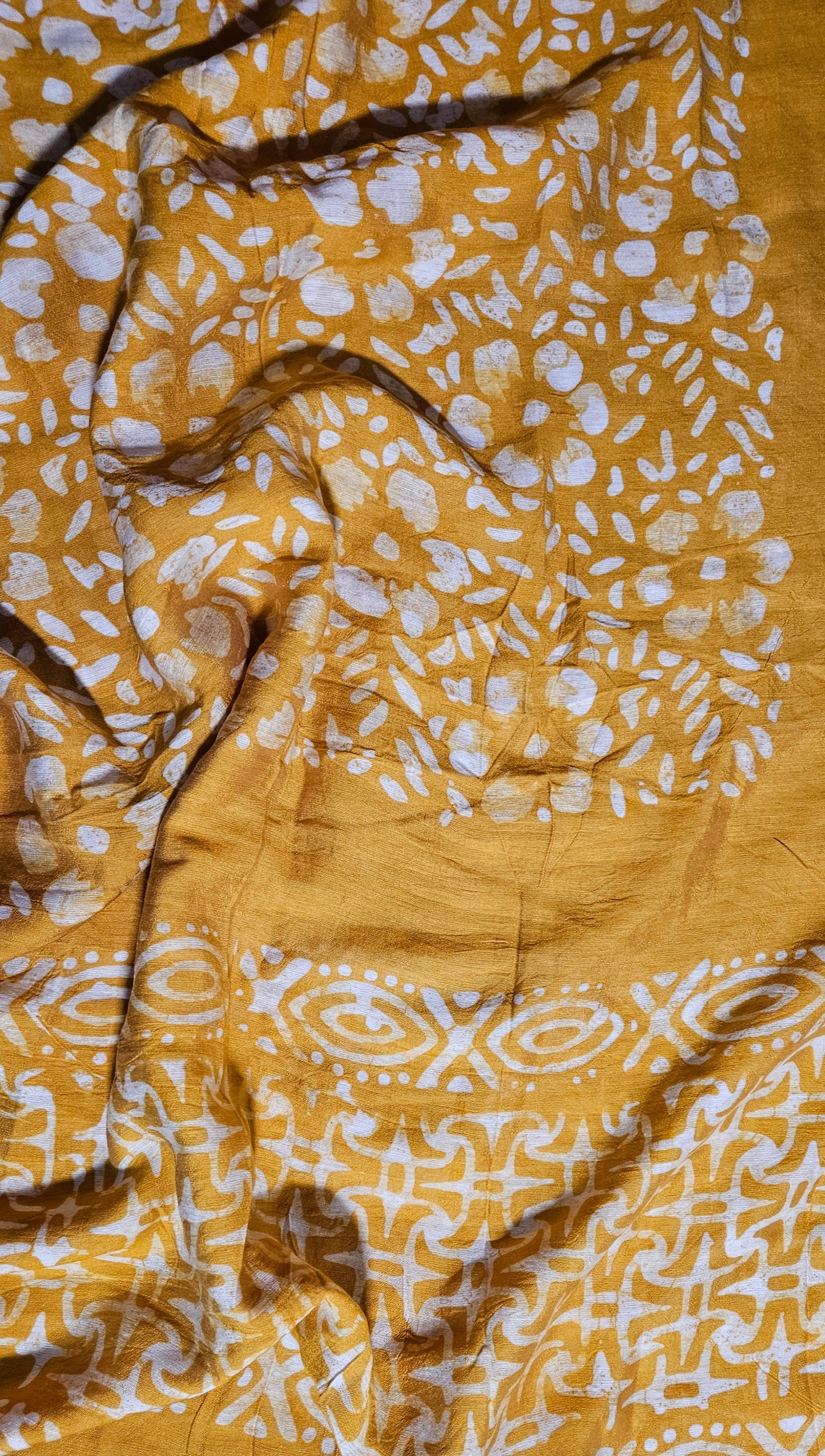 Mustard'n'white batik print cotton suit with batik print silk dupatta