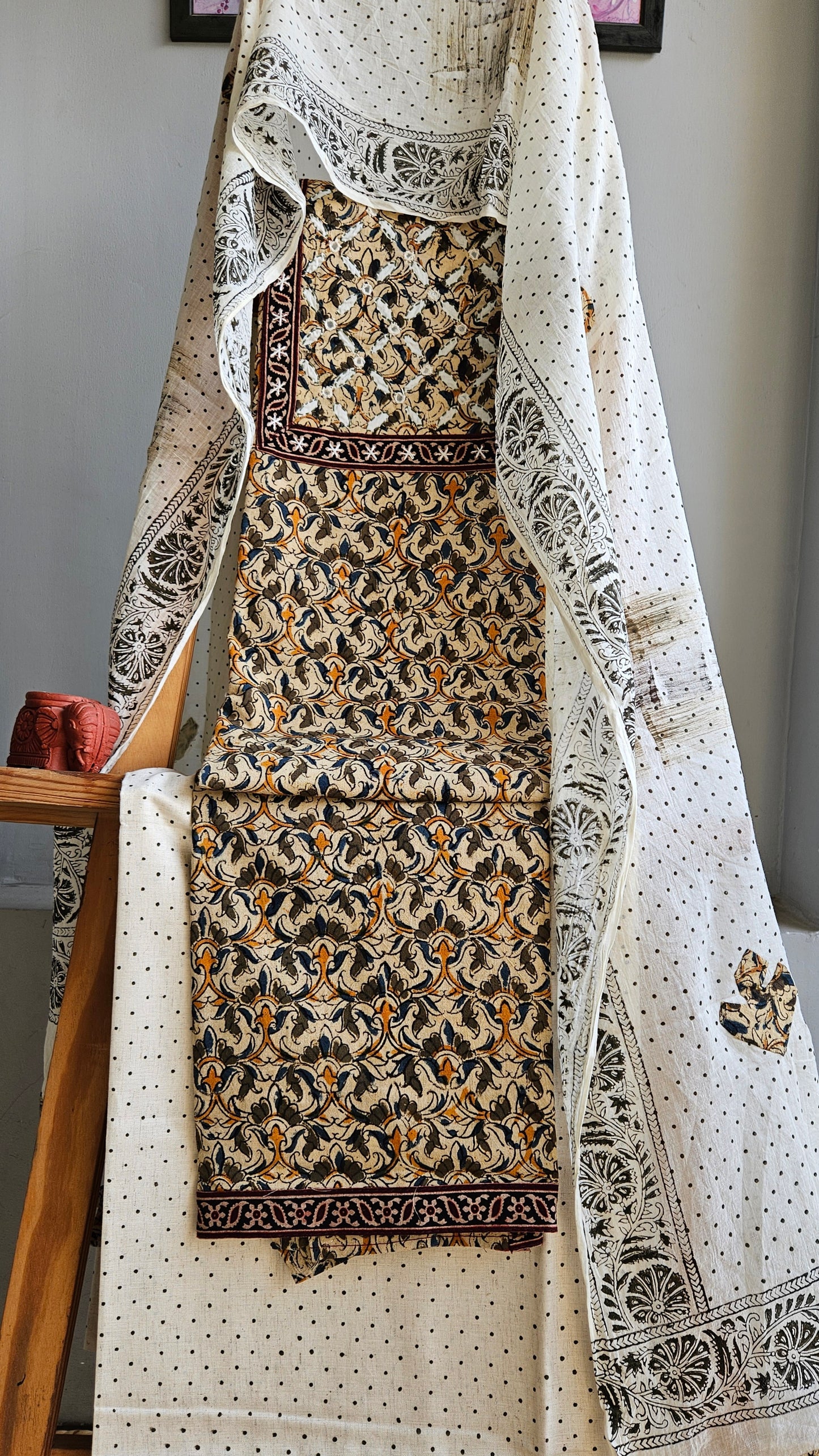 Pure cotton green,mustard'n'blue intricately designed kalamkari suit