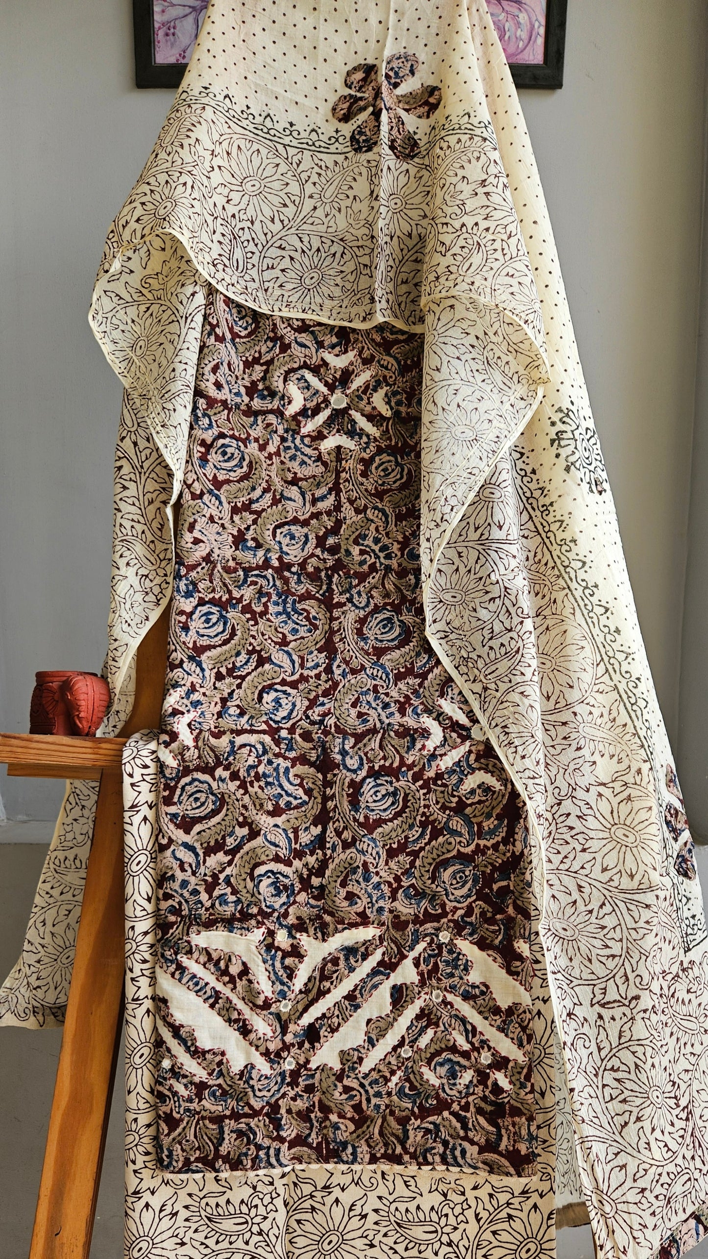 Pure cotton maroon,blue'n'olive green intricately designed kalamkari suit with applique work on ghera