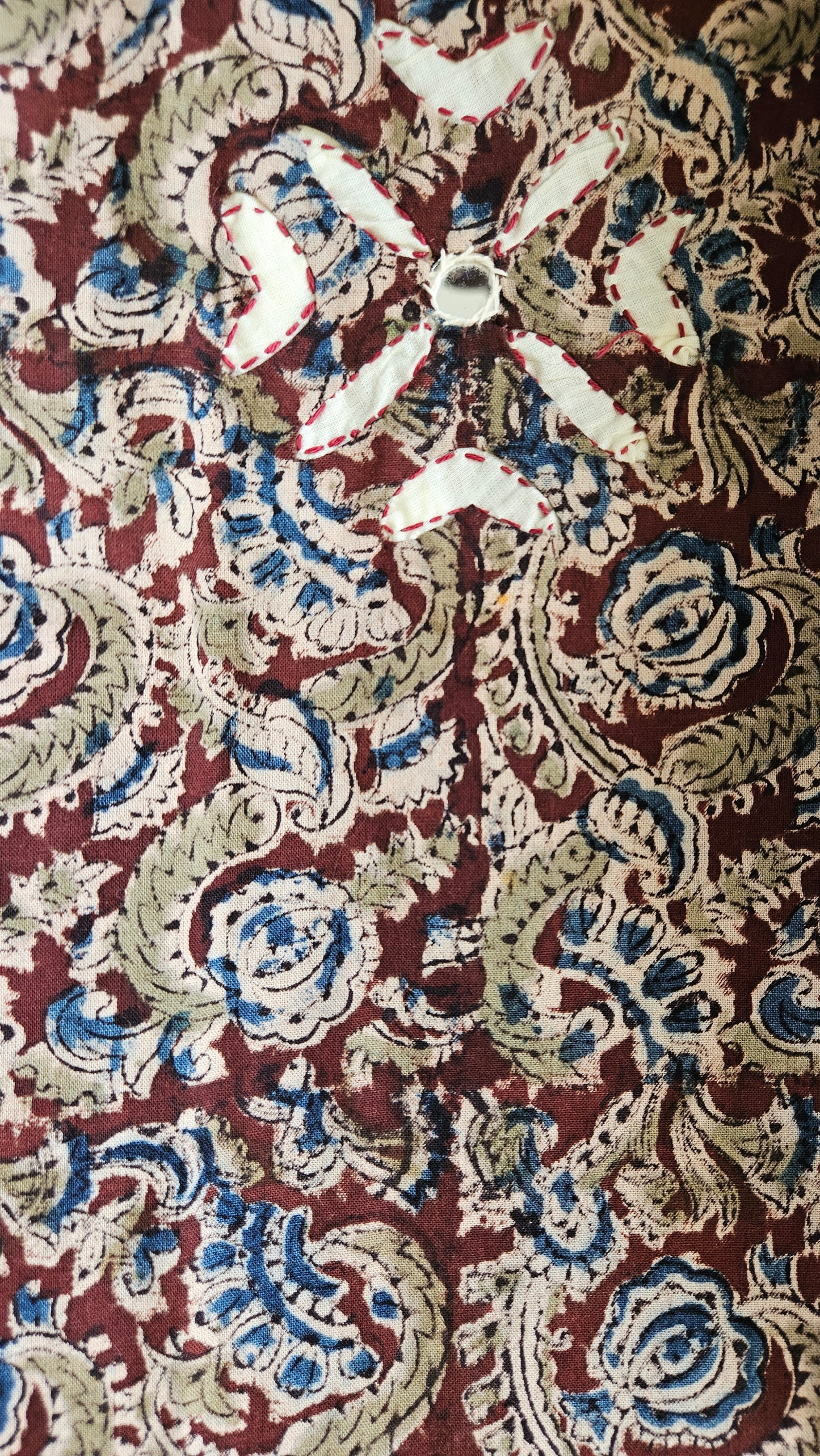 Pure cotton maroon,blue'n'olive green intricately designed kalamkari suit with applique work on ghera