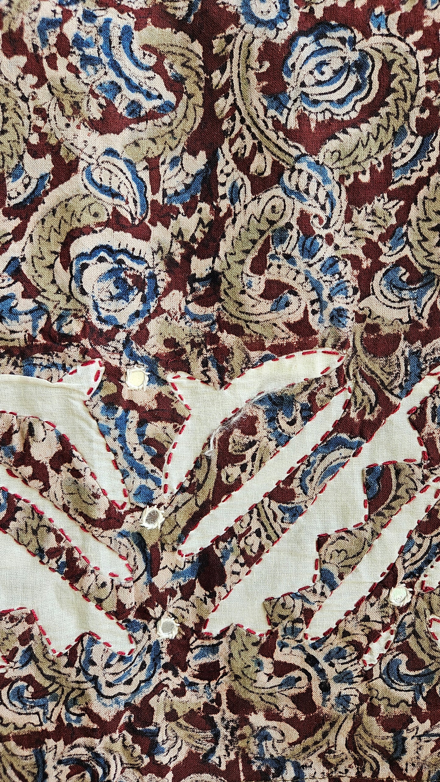 Pure cotton maroon,blue'n'olive green intricately designed kalamkari suit with applique work on ghera