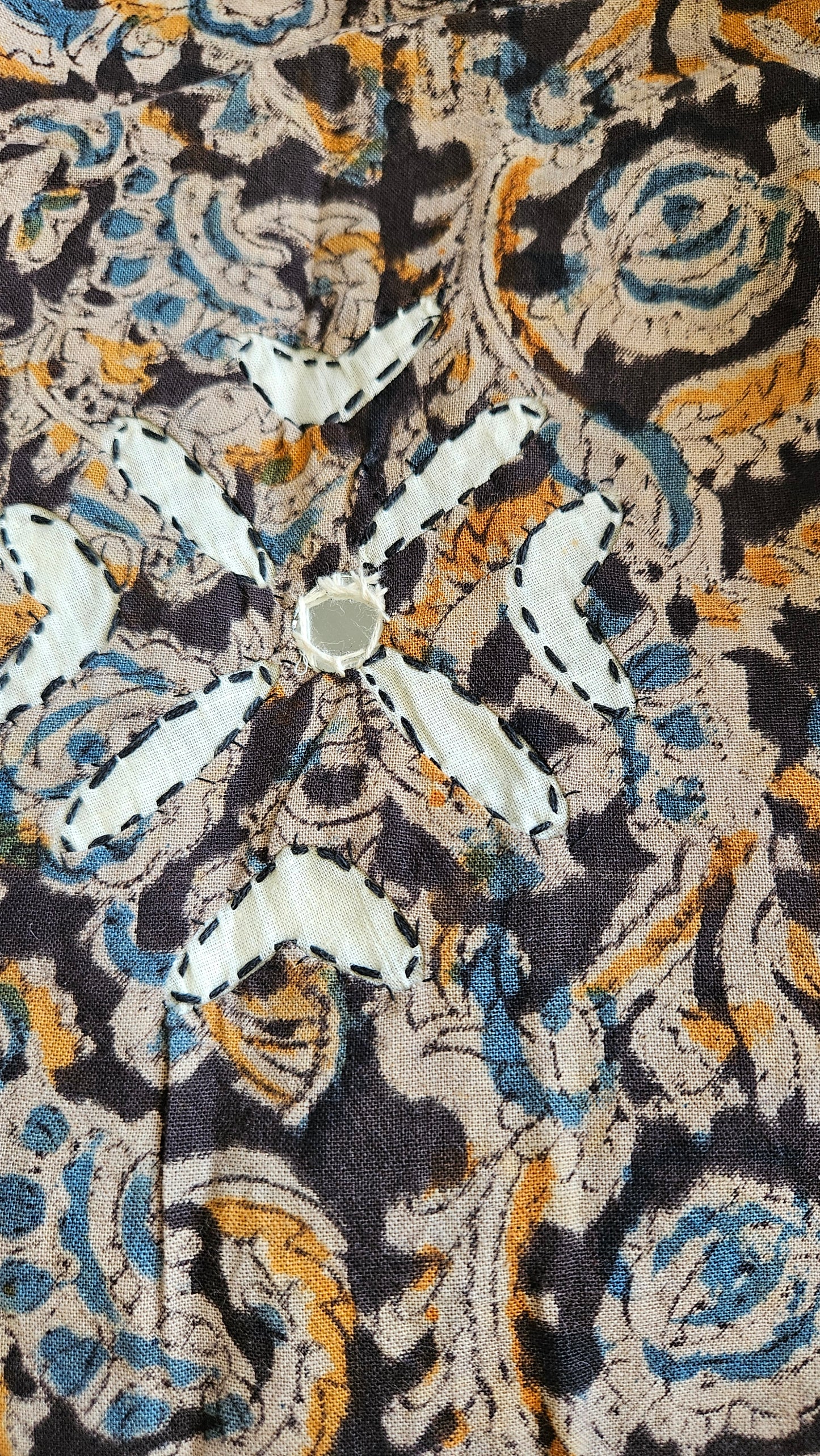 Pure cotton black,mustardand blue intricately designed kalamkari suit with applique work on ghera