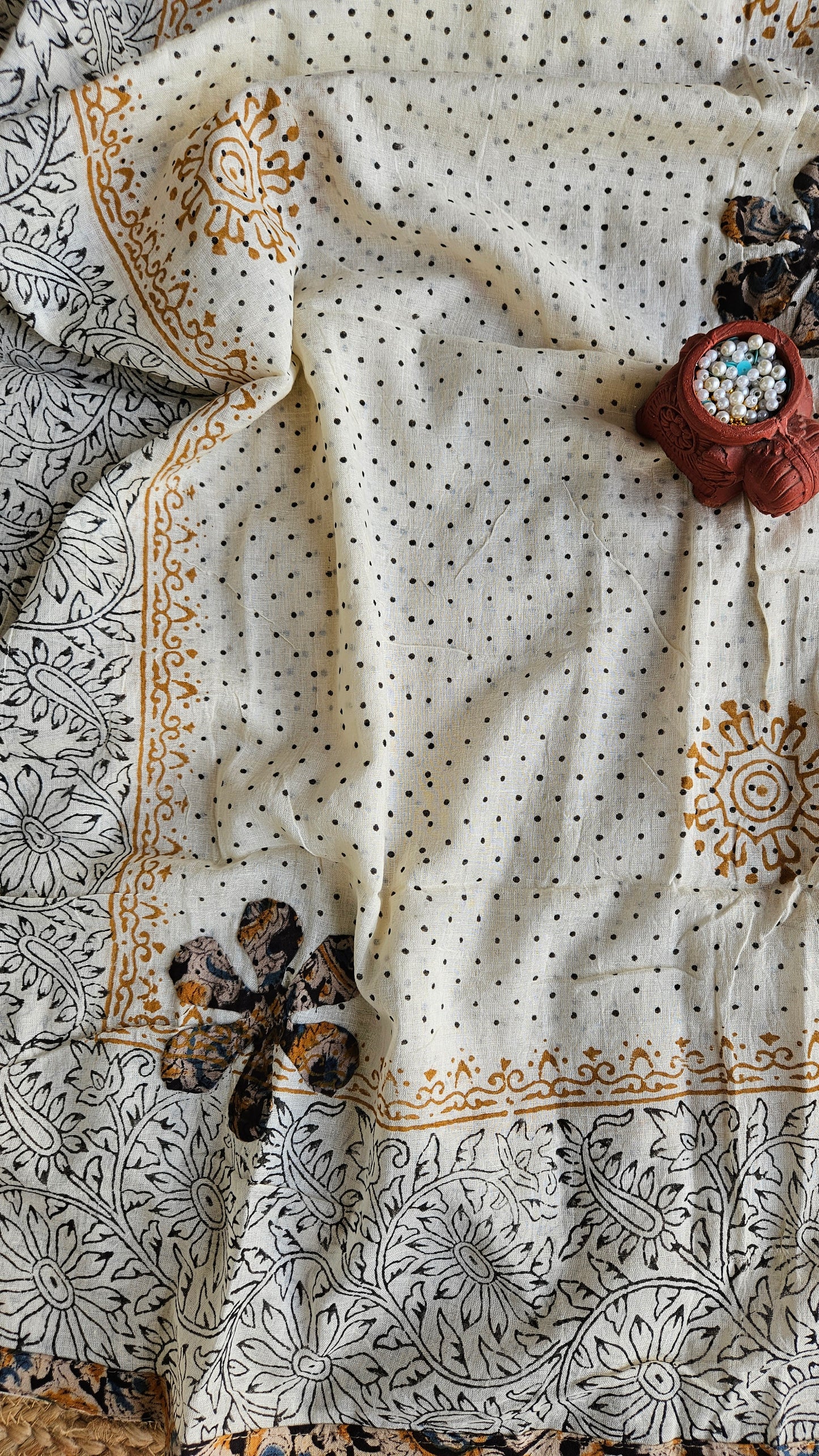 Pure cotton black,mustardand blue intricately designed kalamkari suit with applique work on ghera