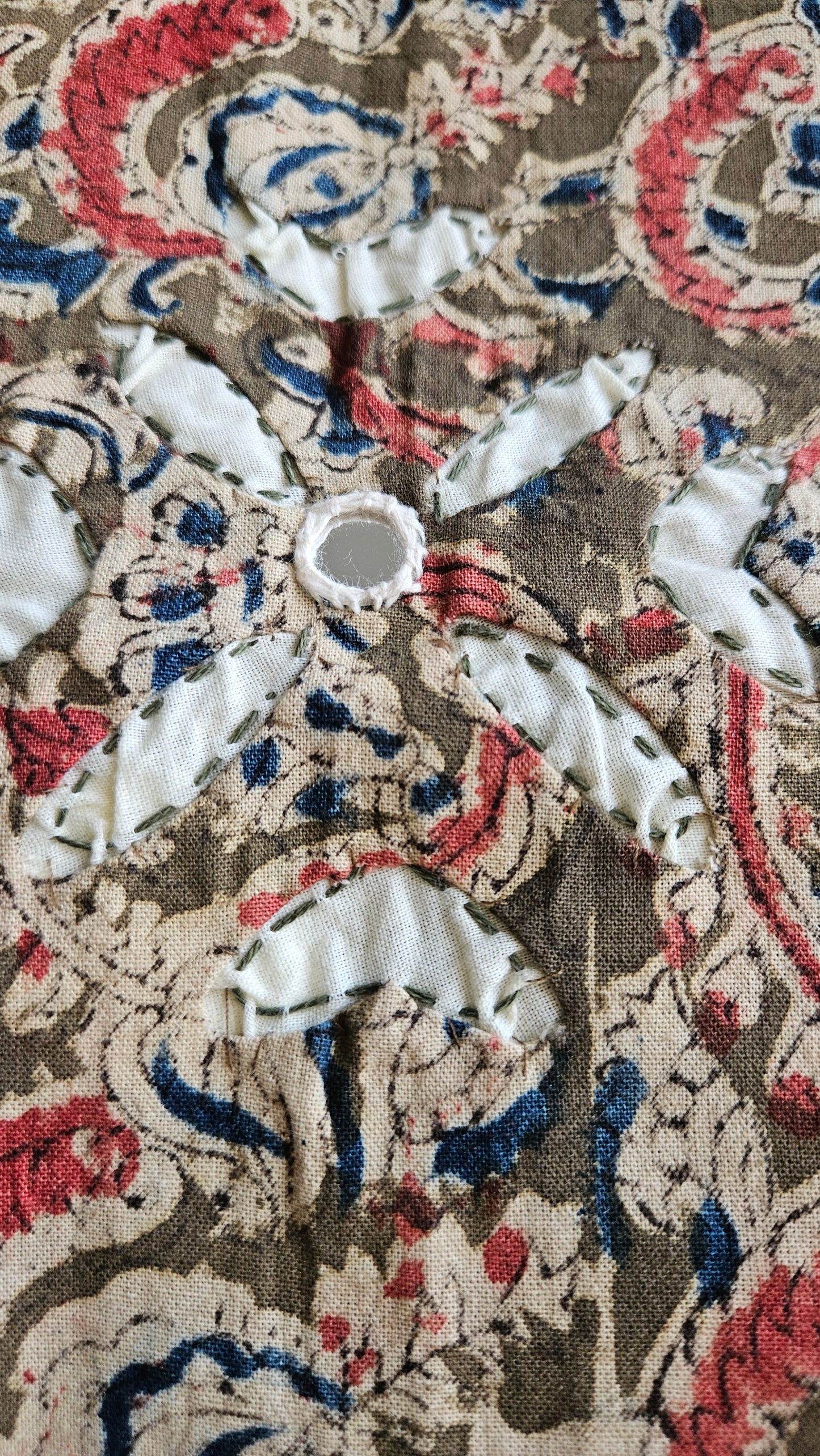 Pure cotton rust,green'n'blue intricately designed kalamkari suit with applique work on ghera