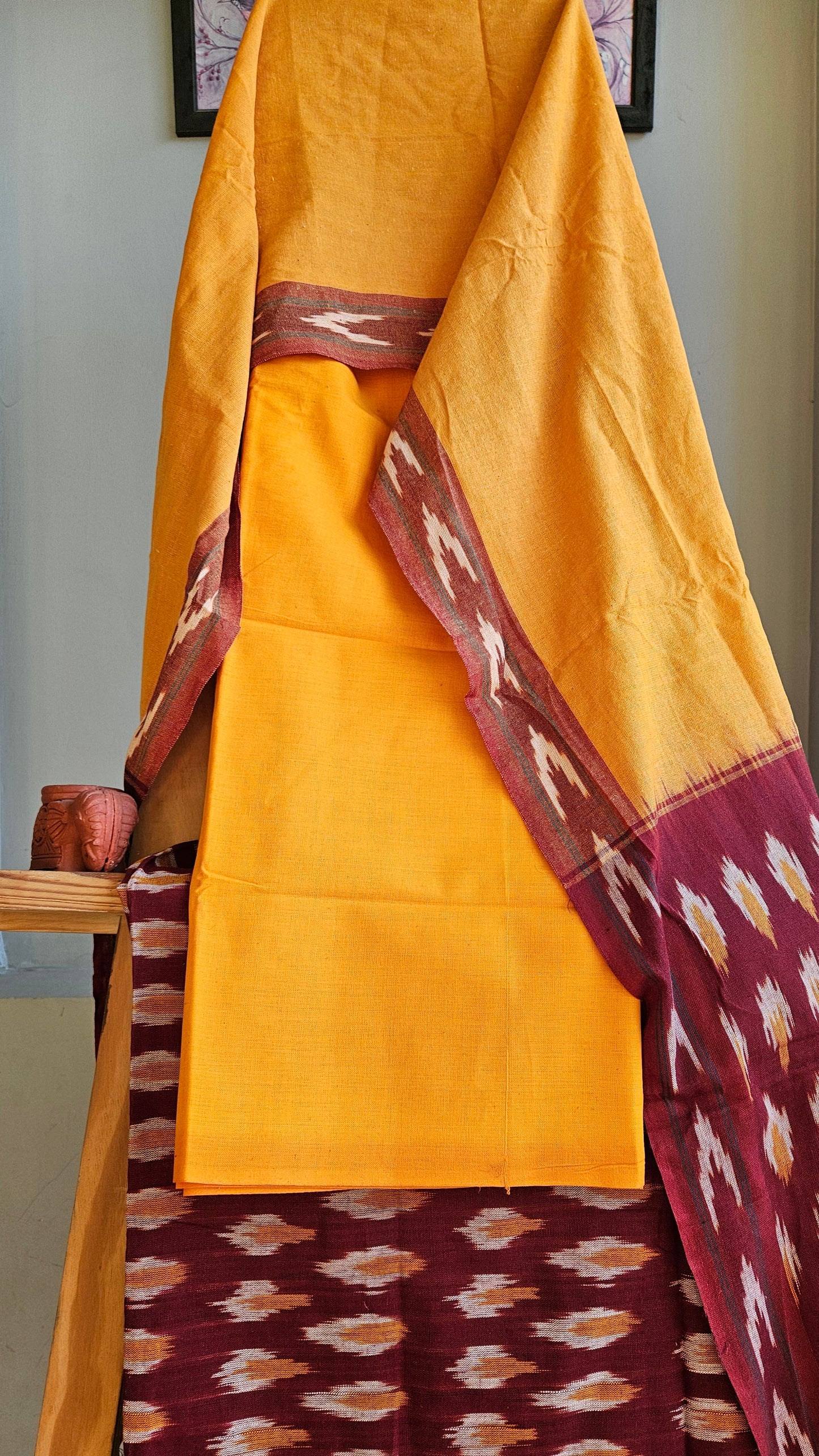 Maroon'n'mustard ikat weave cotton suit