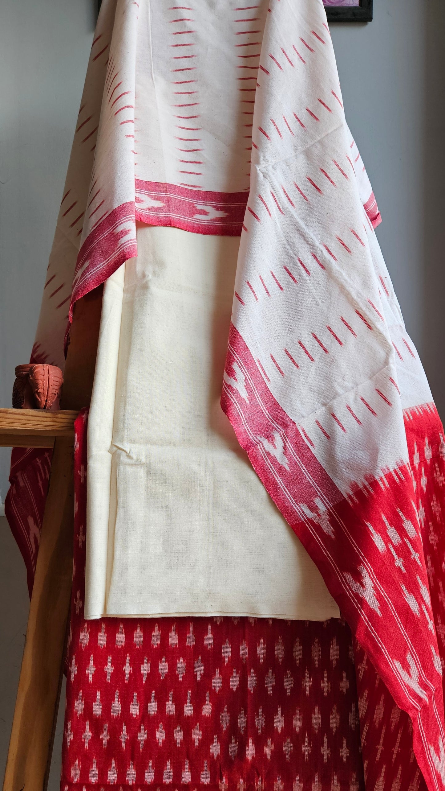 Red'n'off white ikat weave cotton suit