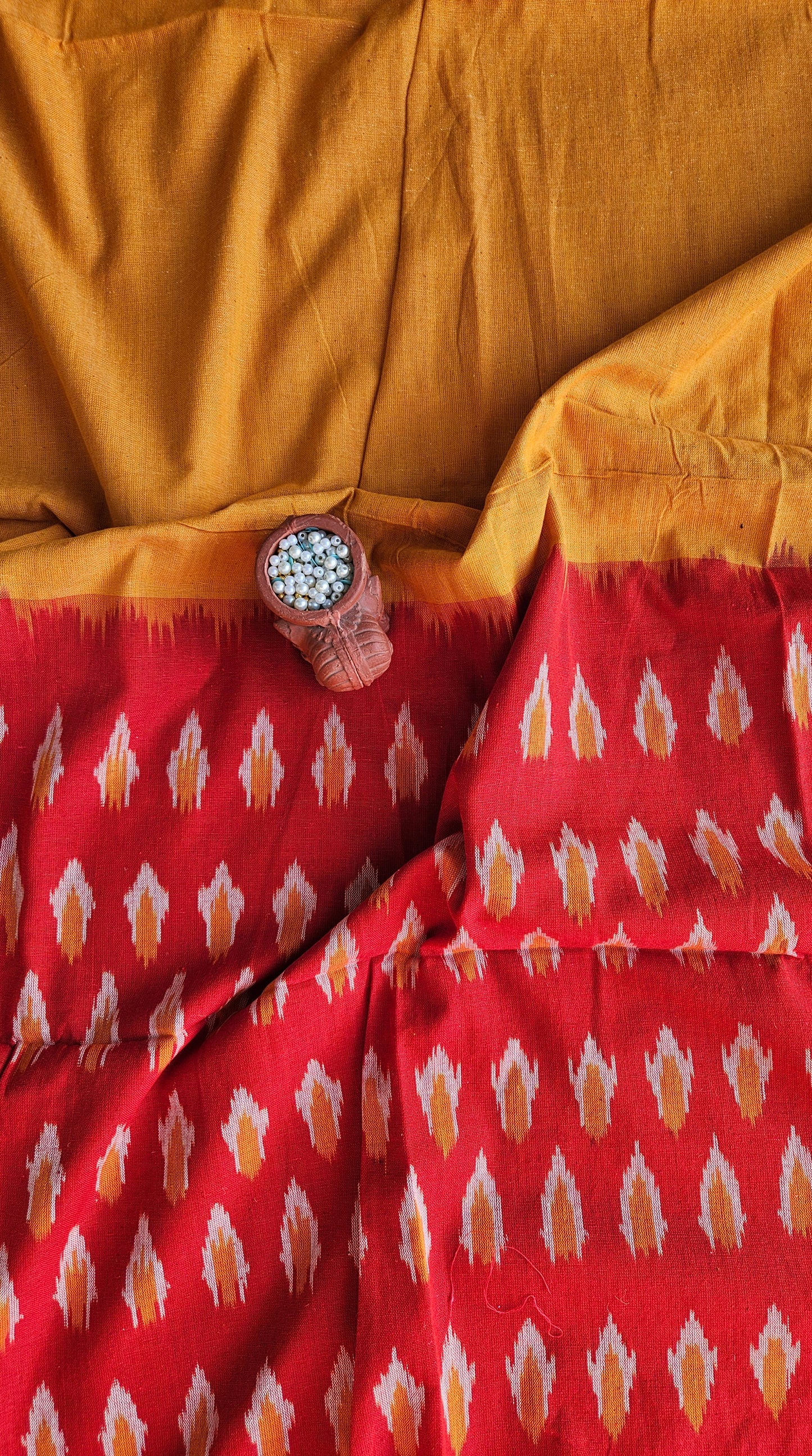 Vermilion'n'mustard ikat weave cotton suit