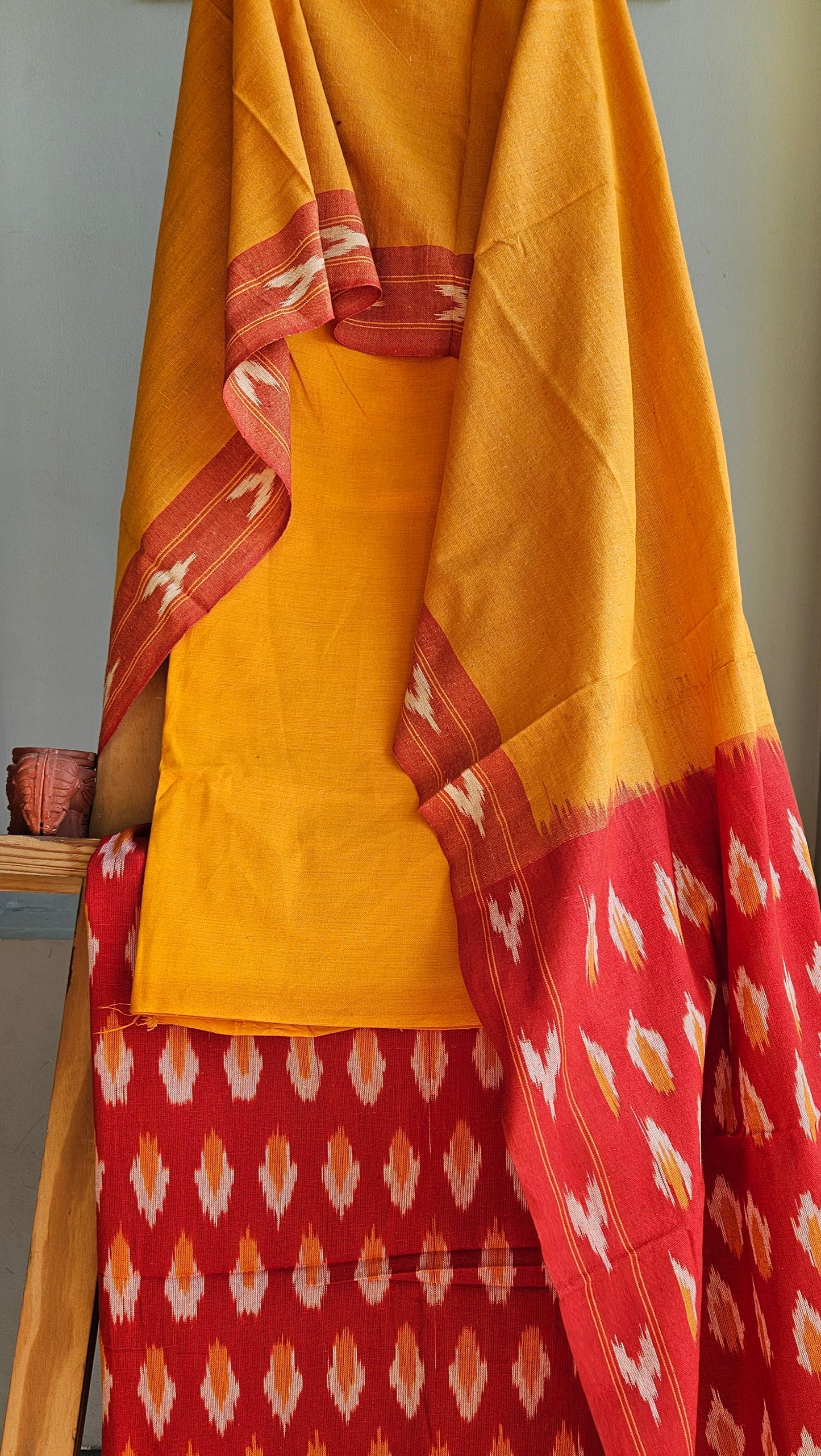 Vermilion'n'mustard ikat weave cotton suit