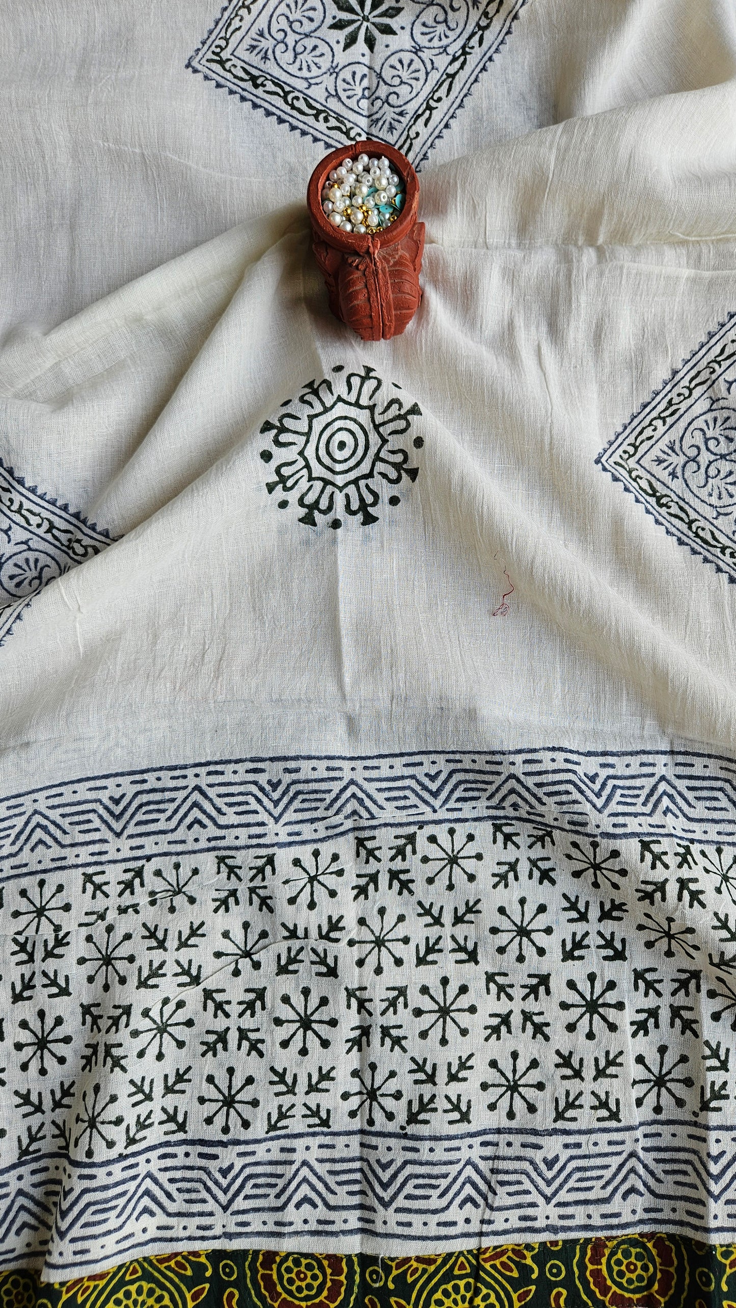 Green'n'yellow block print ajrakh cotton suit