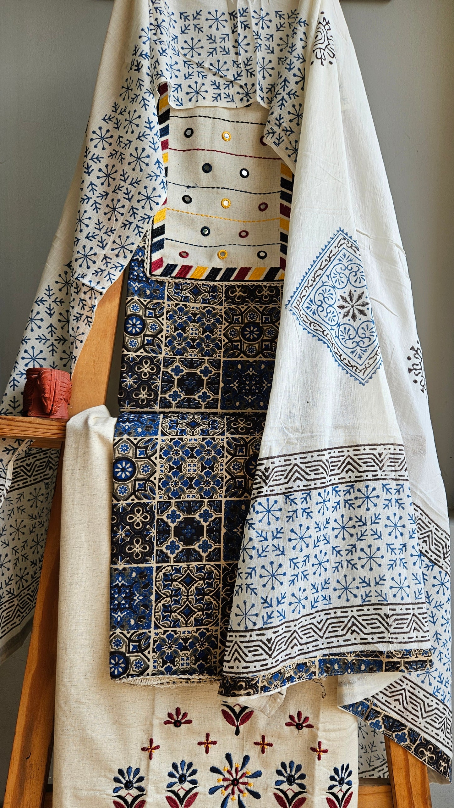 Blue'n'black kalamkari block print cotton suit