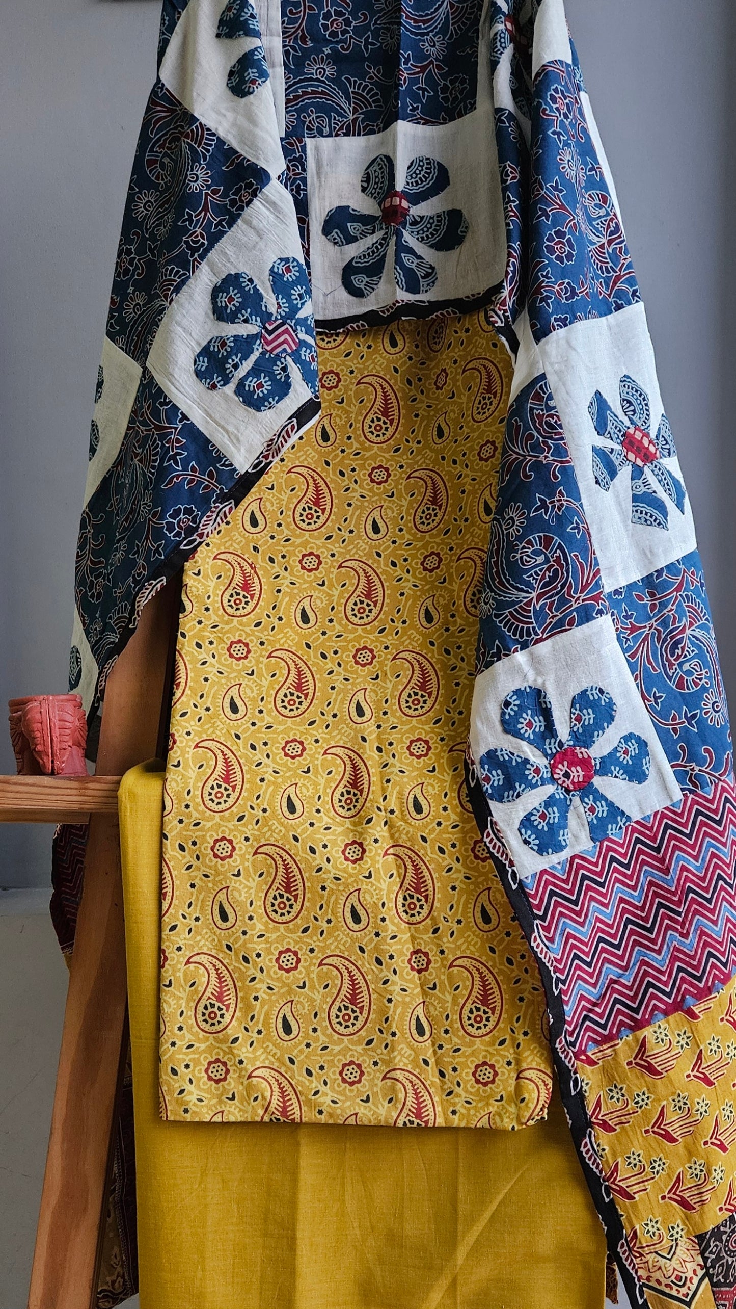 Mustard yellow’n’maroon ajrakh print cotton suit