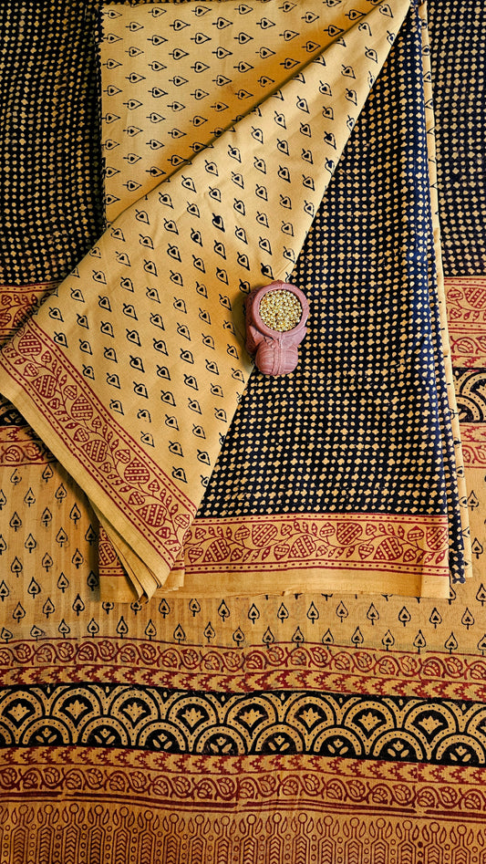 Mustard black'n'maroon bagh print cotton suit