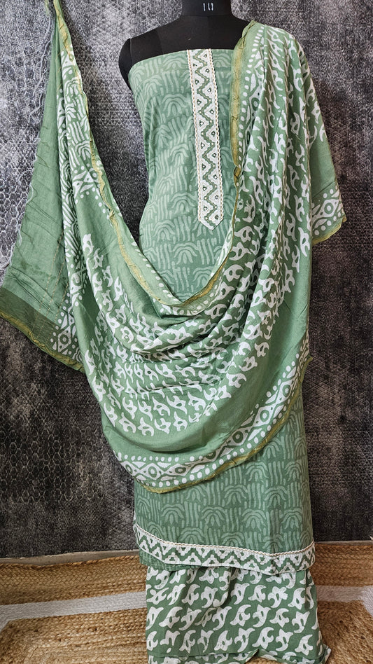 Pista green'n'white batik print cotton suit material with silk dupatta