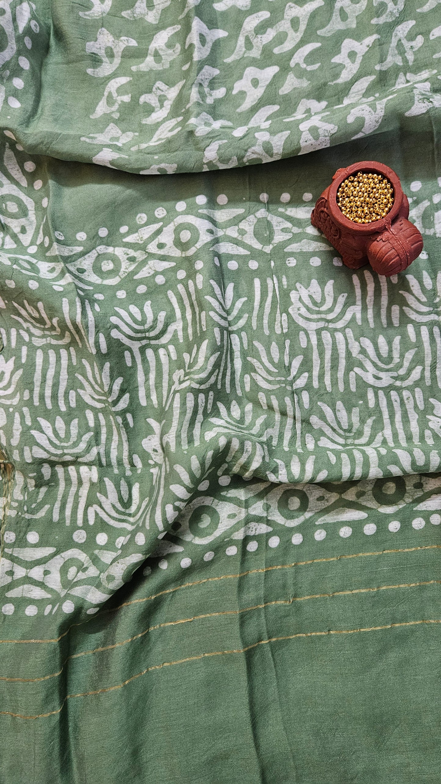 Pista green'n'white batik print cotton suit material with silk dupatta