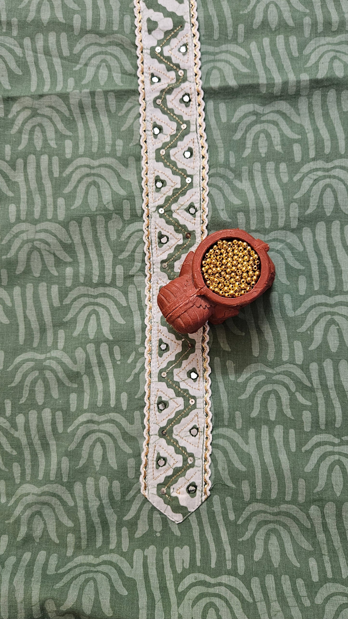 Pista green'n'white batik print cotton suit material with silk dupatta