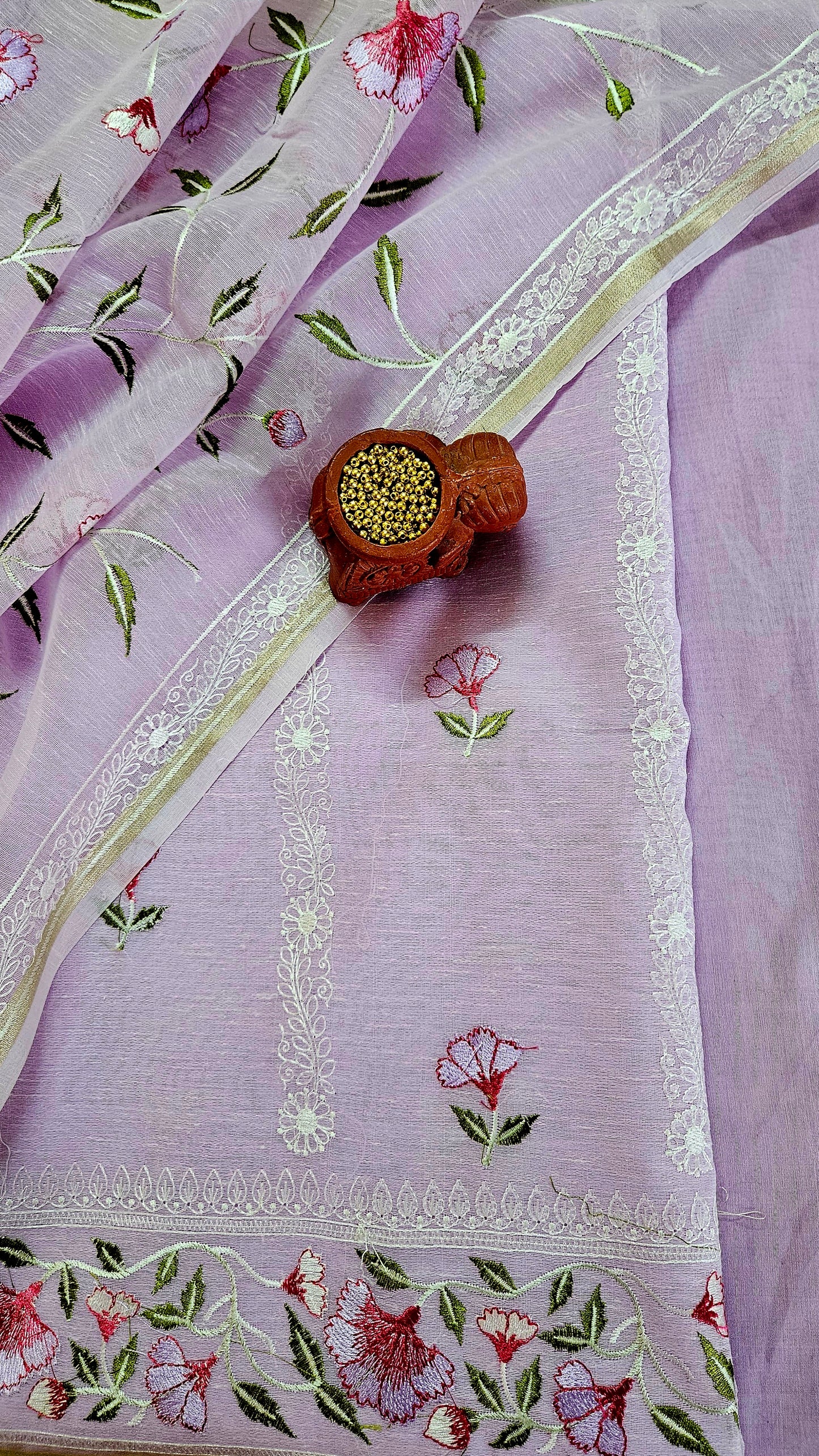 Lilac semi linen embroidered kurta and dupatta with cotton silk bottom material