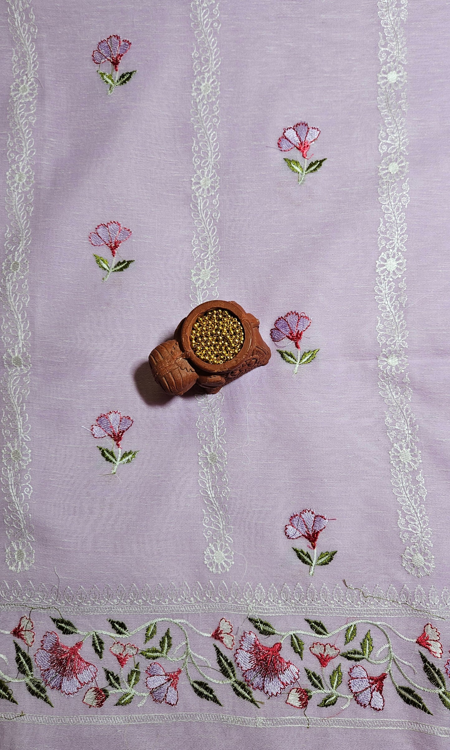 Lilac semi linen embroidered kurta and dupatta with cotton silk bottom material