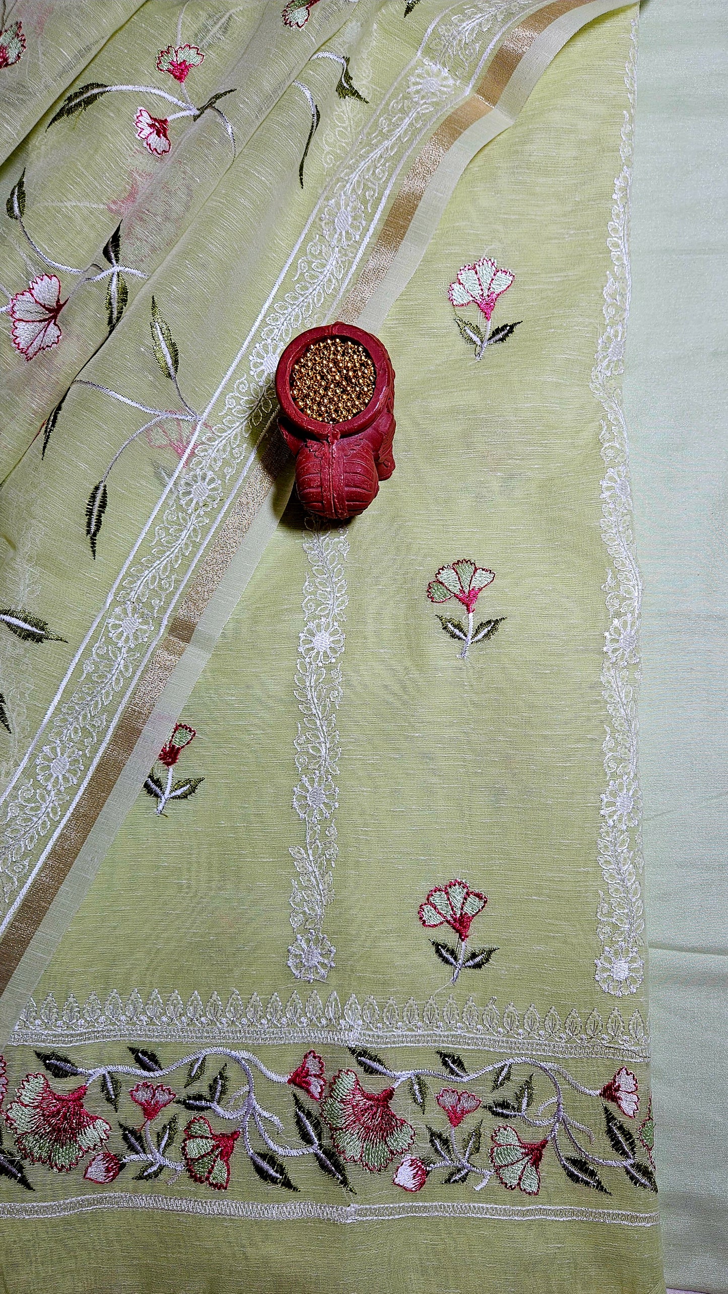 Lime green semi linen embroidered kurta and dupatta with plain cotton silk bottom material