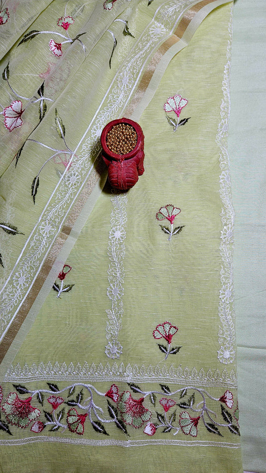 Lime green semi linen embroidered kurta and dupatta with plain cotton silk bottom material