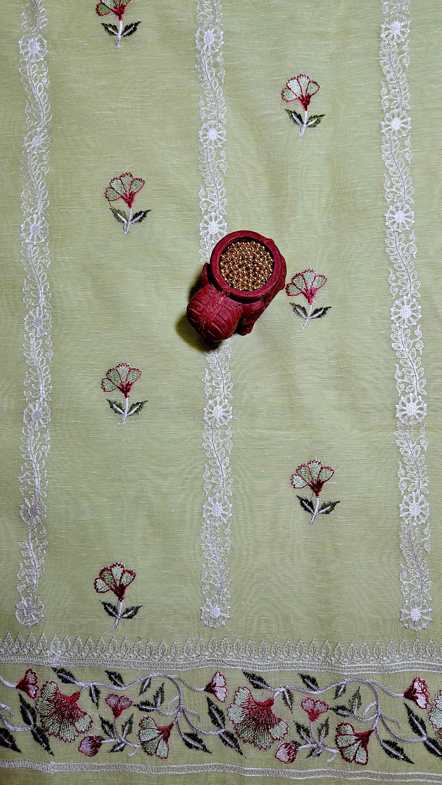 Lime green semi linen embroidered kurta and dupatta with plain cotton silk bottom material