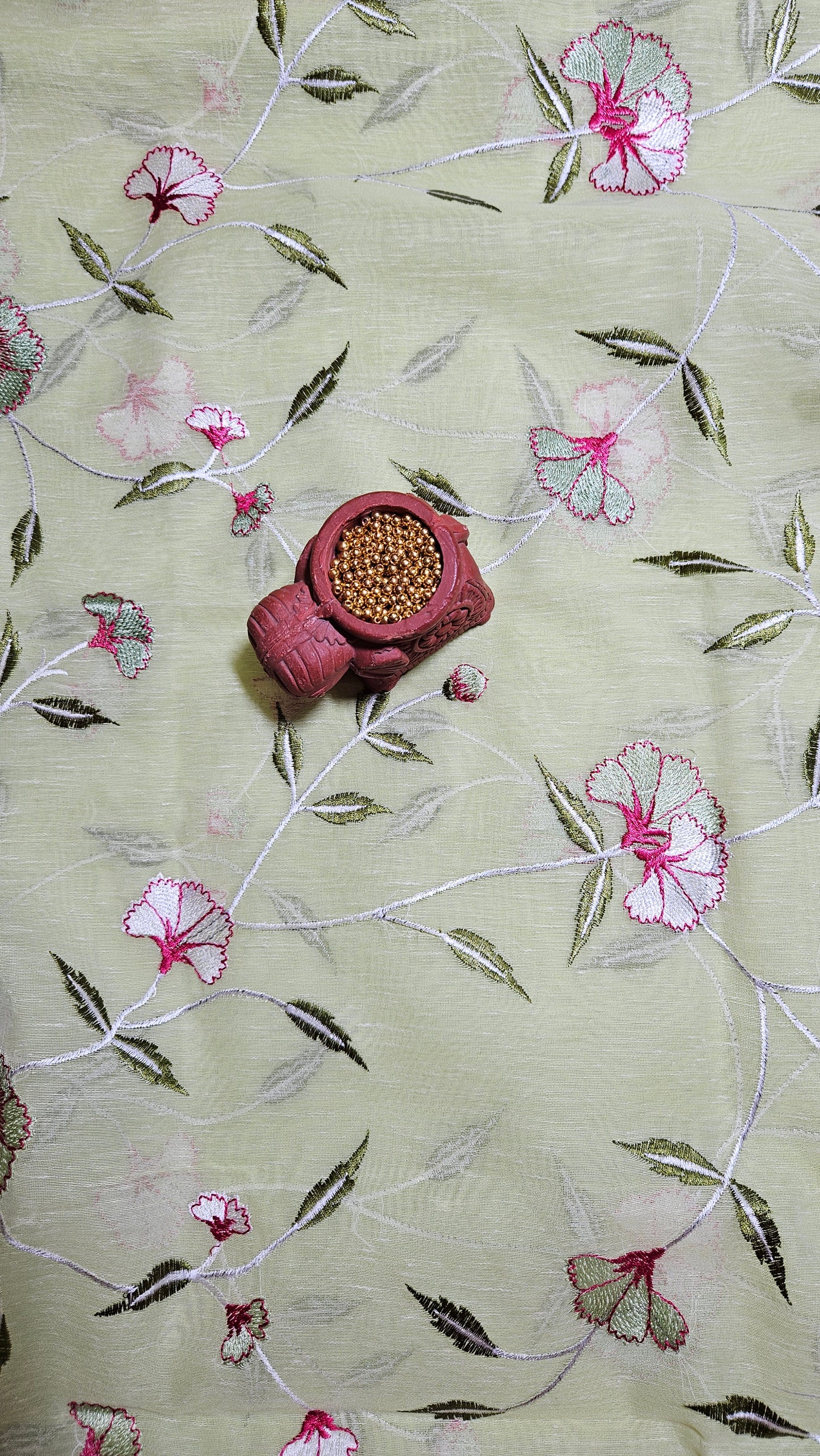 Lime green semi linen embroidered kurta and dupatta with plain cotton silk bottom material