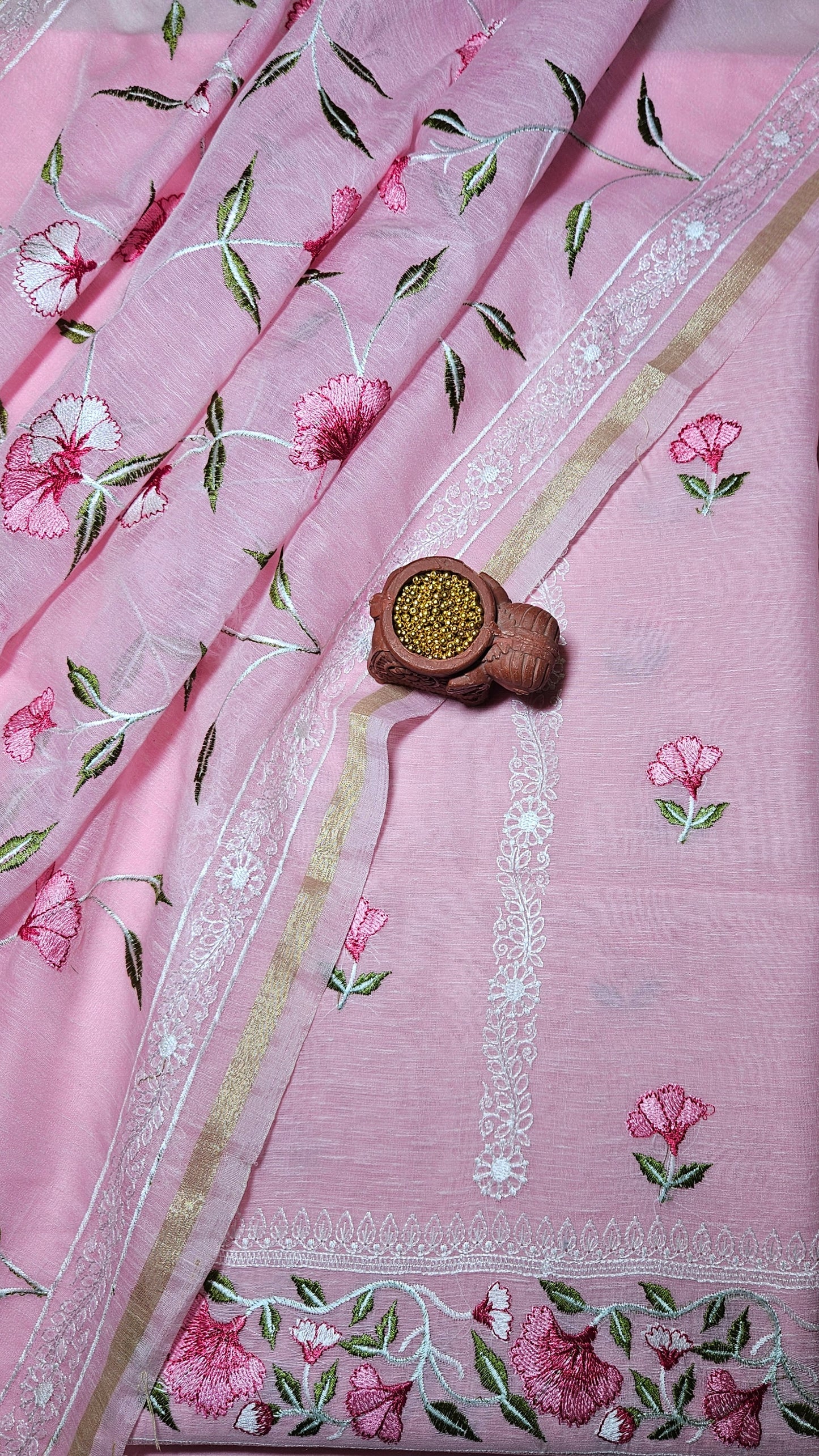 Pink semi linen embroidered kurta and dupatta with plain cotton silk bottom