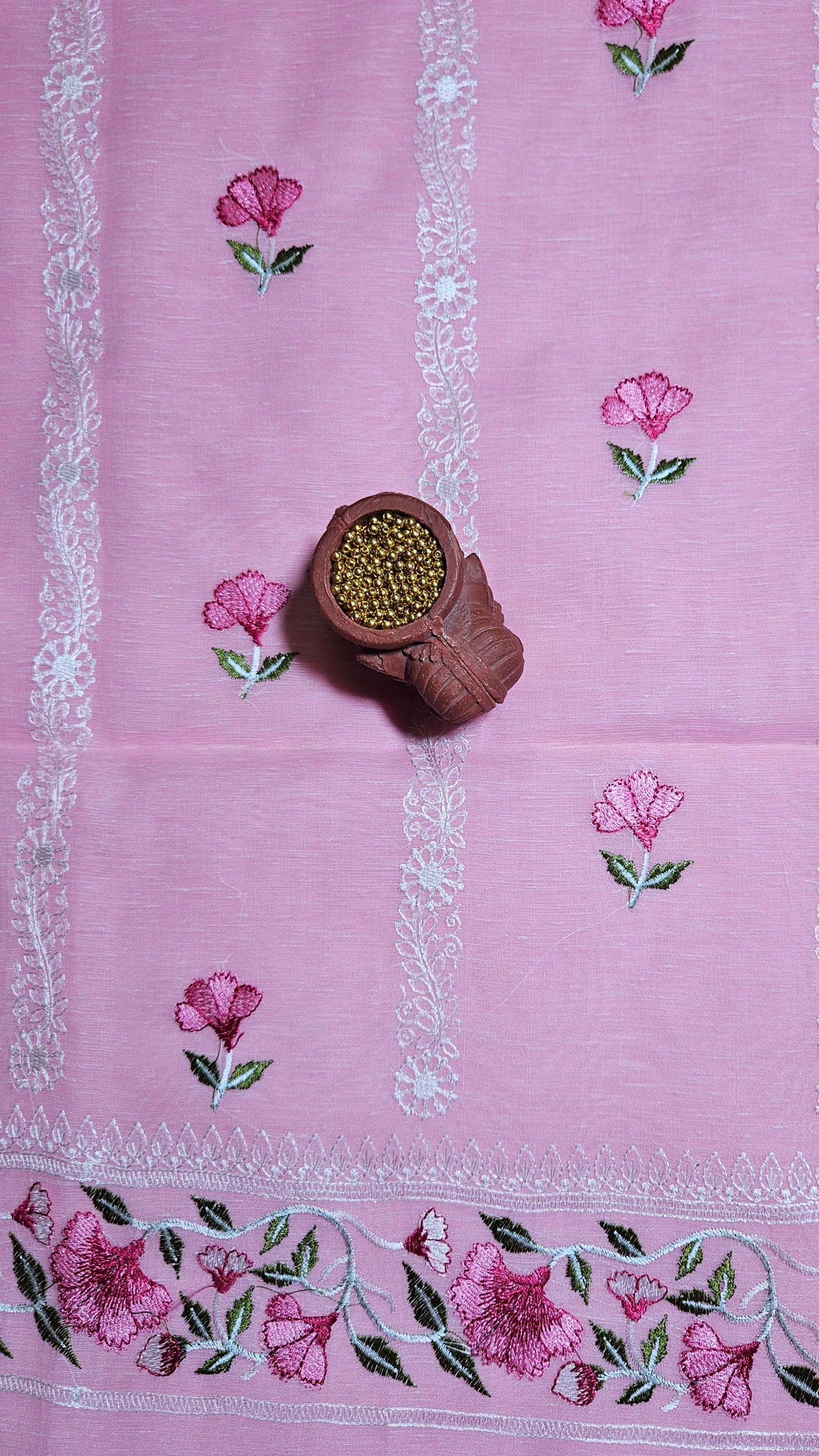 Pink semi linen embroidered kurta and dupatta with plain cotton silk bottom