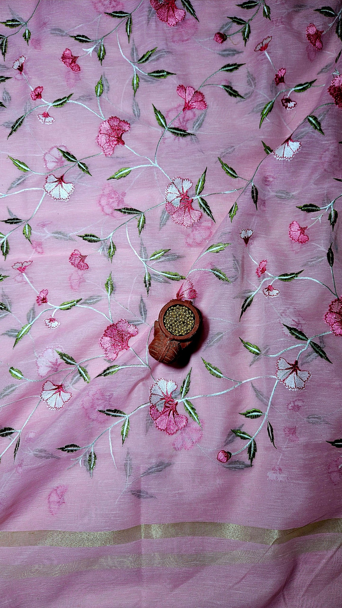 Pink semi linen embroidered kurta and dupatta with plain cotton silk bottom