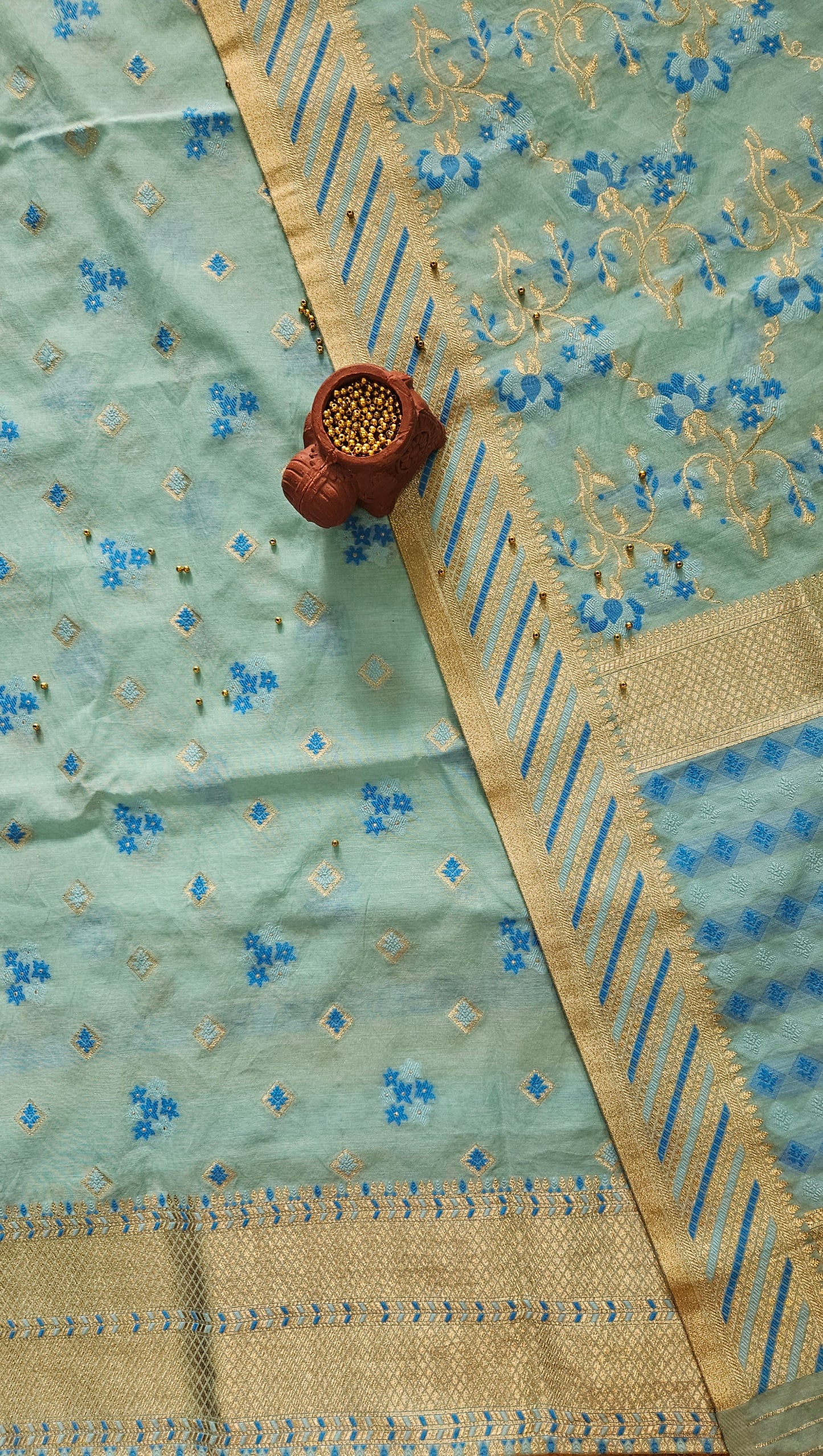Blue'n'darkblue chanderi cotton banarsi jamdani suit