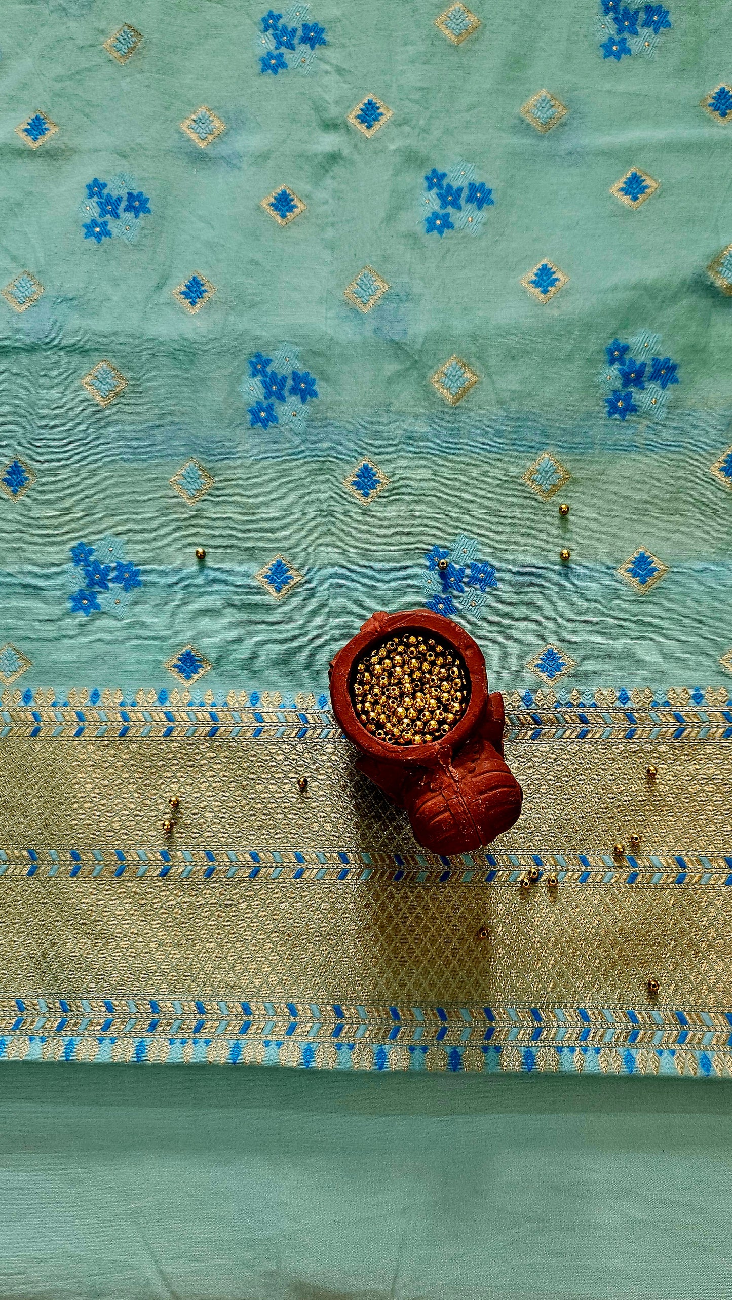 Blue'n'darkblue chanderi cotton banarsi jamdani suit