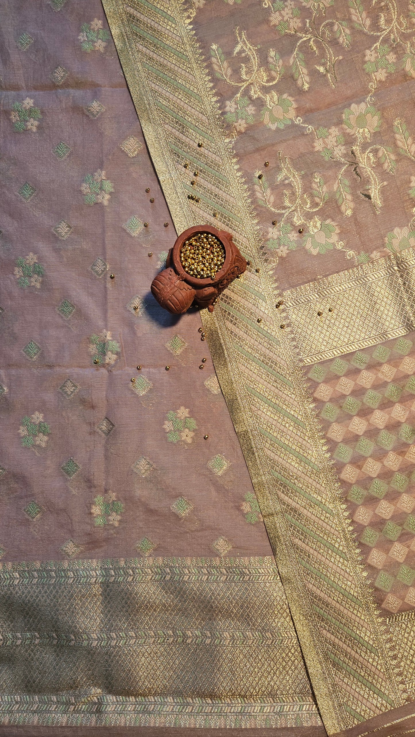 Dusk brown'n'green chanderi cotton banarsi jamdani suit