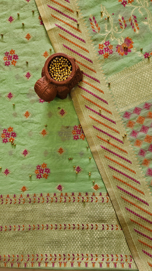 Light green'n'pink chanderi cotton banarsi jamdani suit