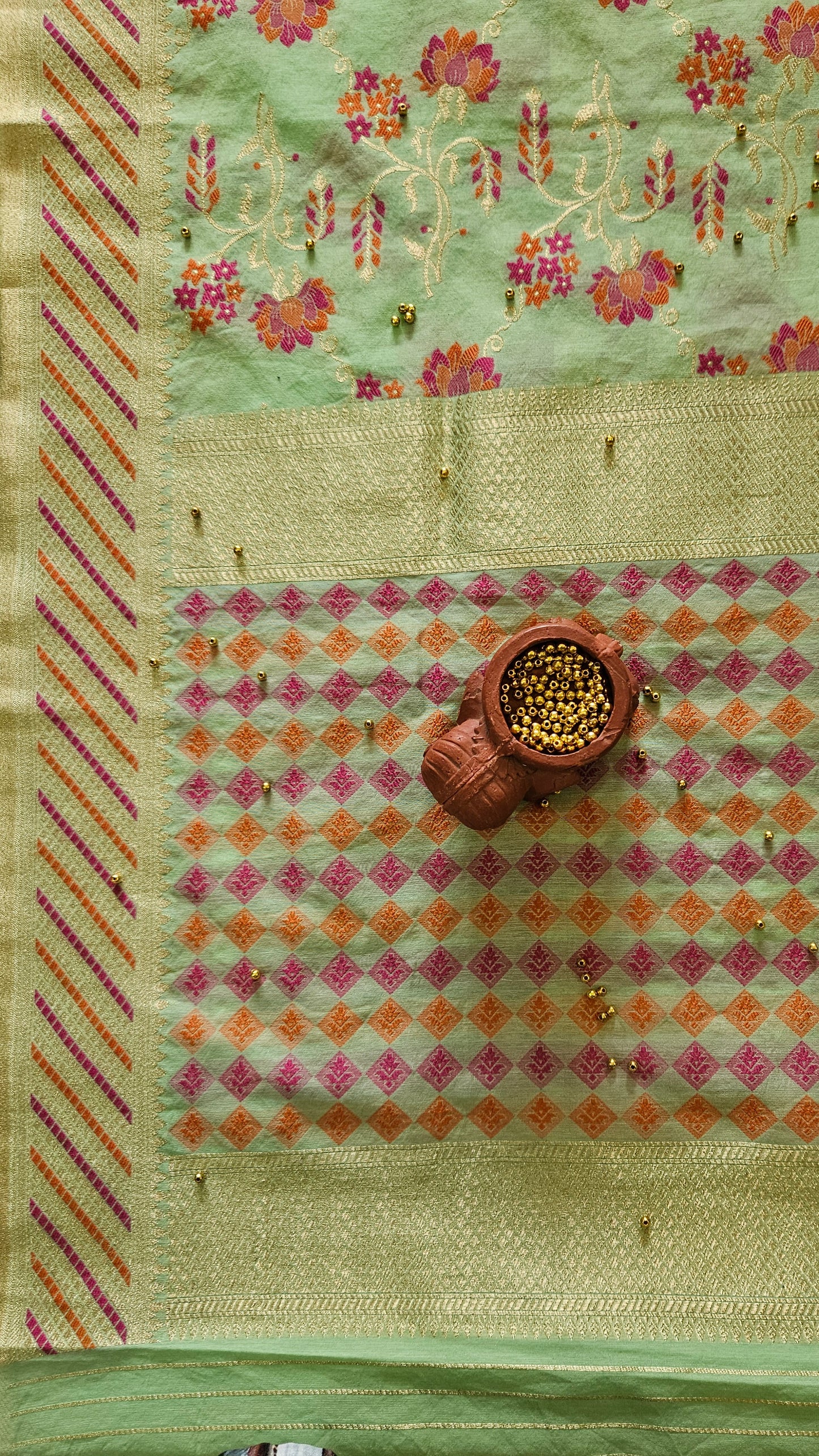 Light green'n'pink chanderi cotton banarsi jamdani suit
