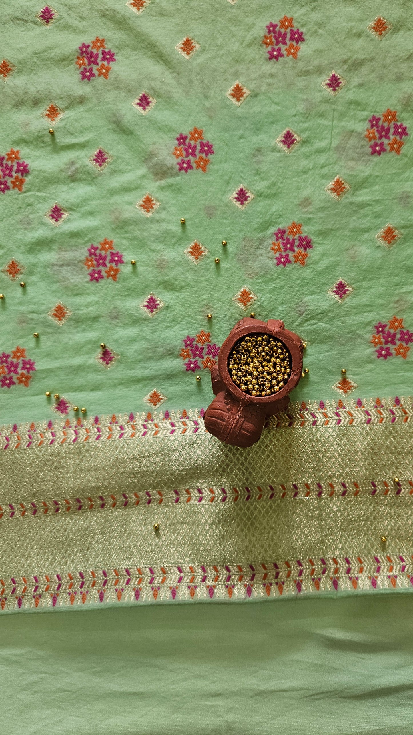 Light green'n'pink chanderi cotton banarsi jamdani suit