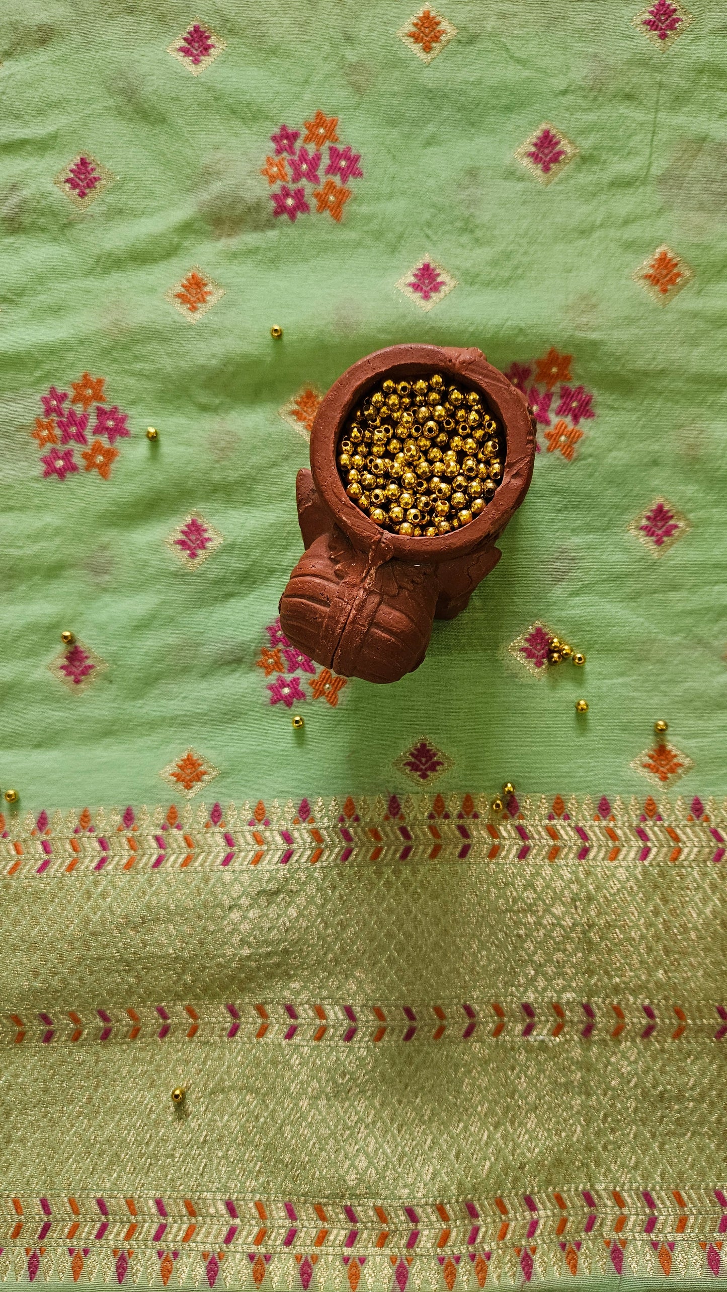 Light green'n'pink chanderi cotton banarsi jamdani suit