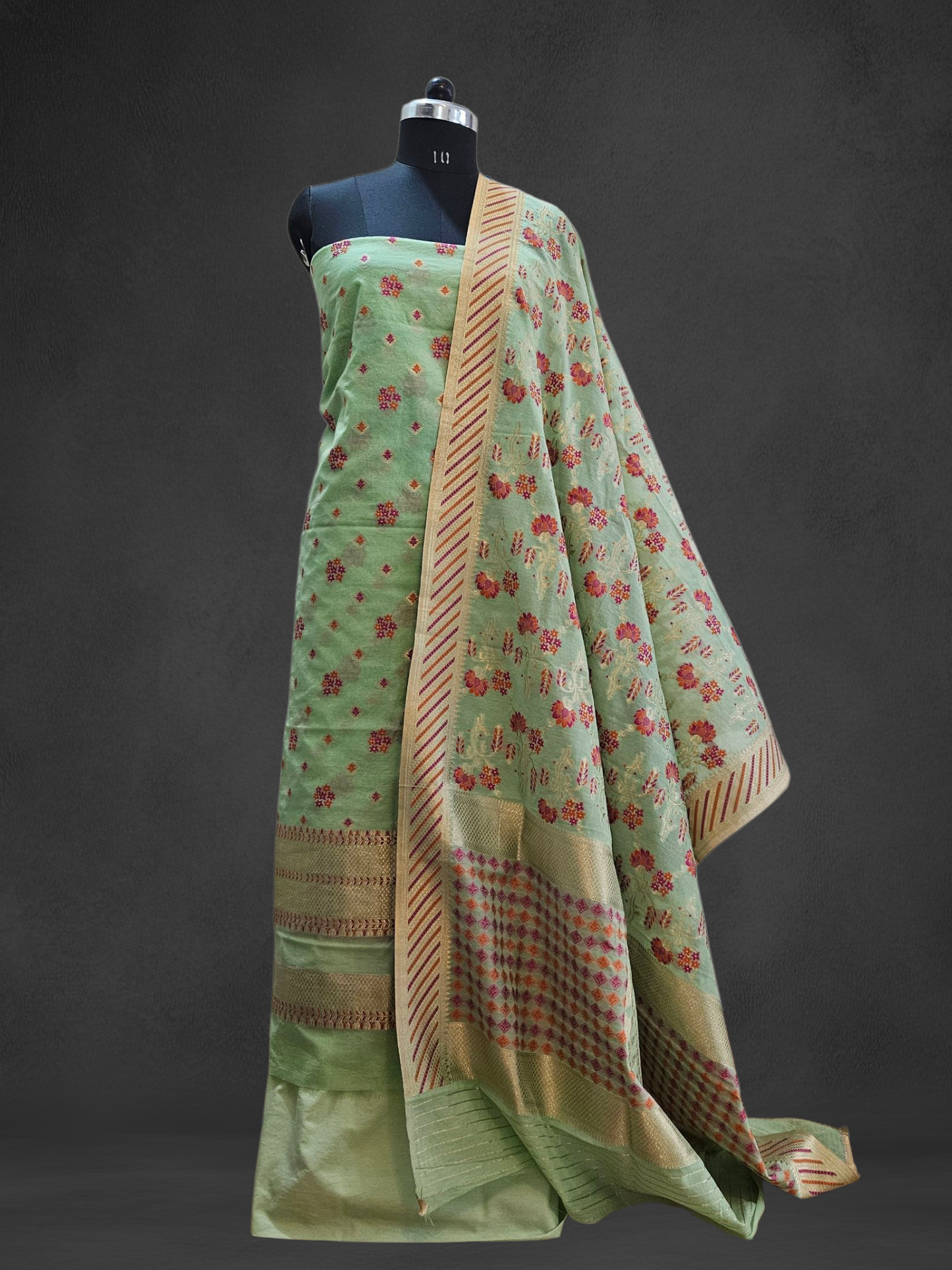 Light green'n'pink chanderi cotton banarsi jamdani suit