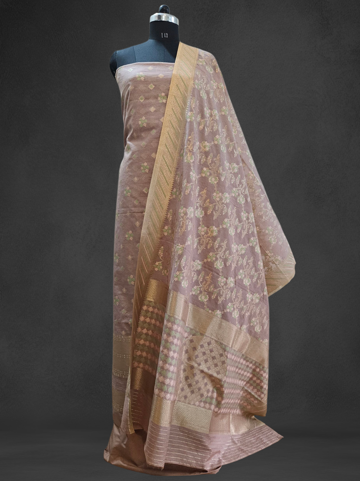 Dusk brown'n'green chanderi cotton banarsi jamdani suit