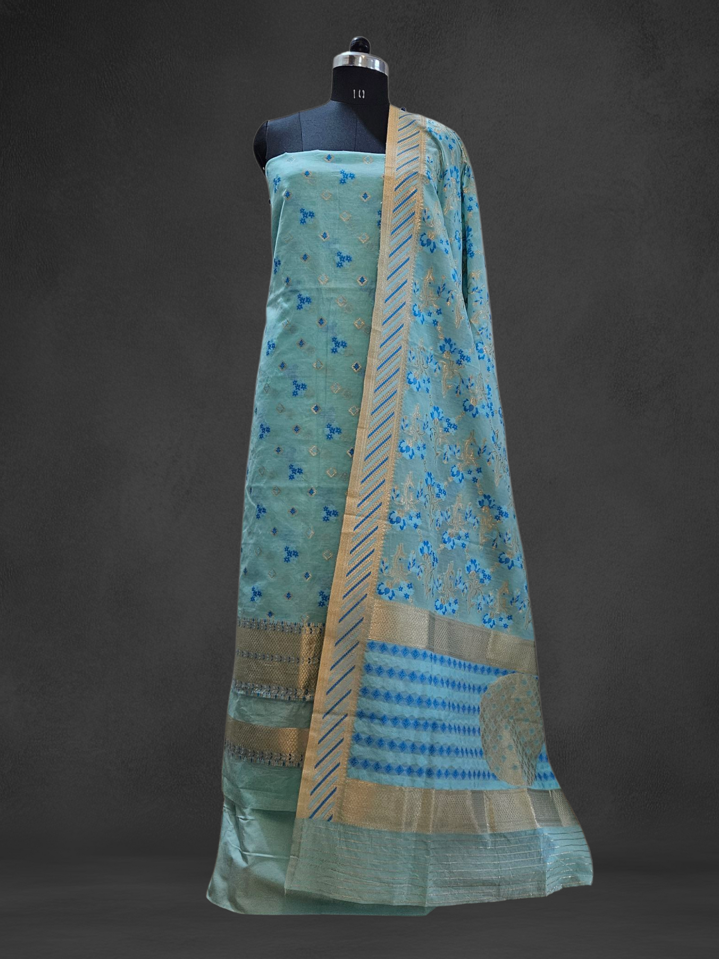 Blue'n'darkblue chanderi cotton banarsi jamdani suit