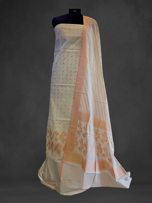 White and peach cotton banarsi resham weave suit