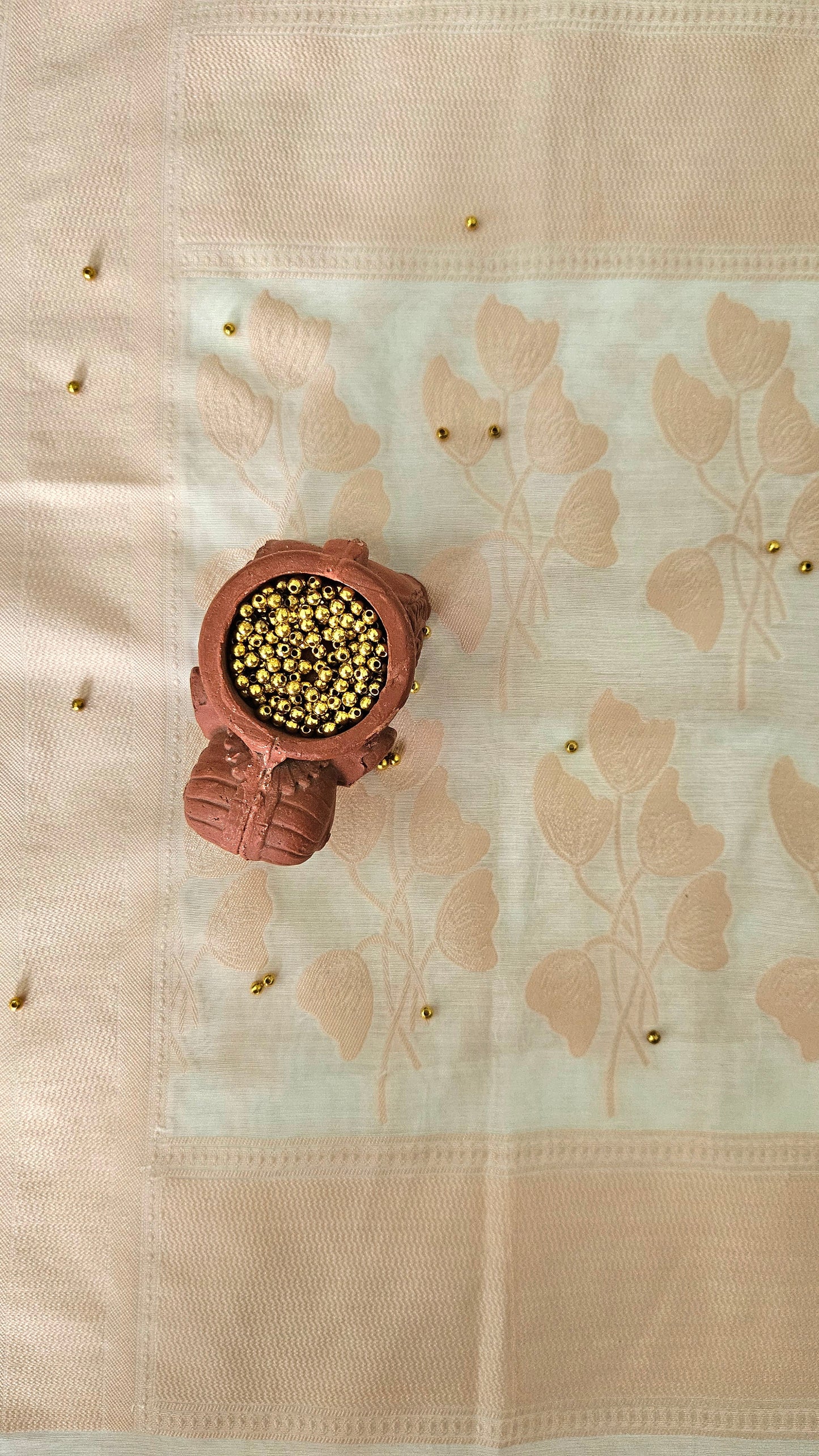 White and peach cotton banarsi resham weave suit