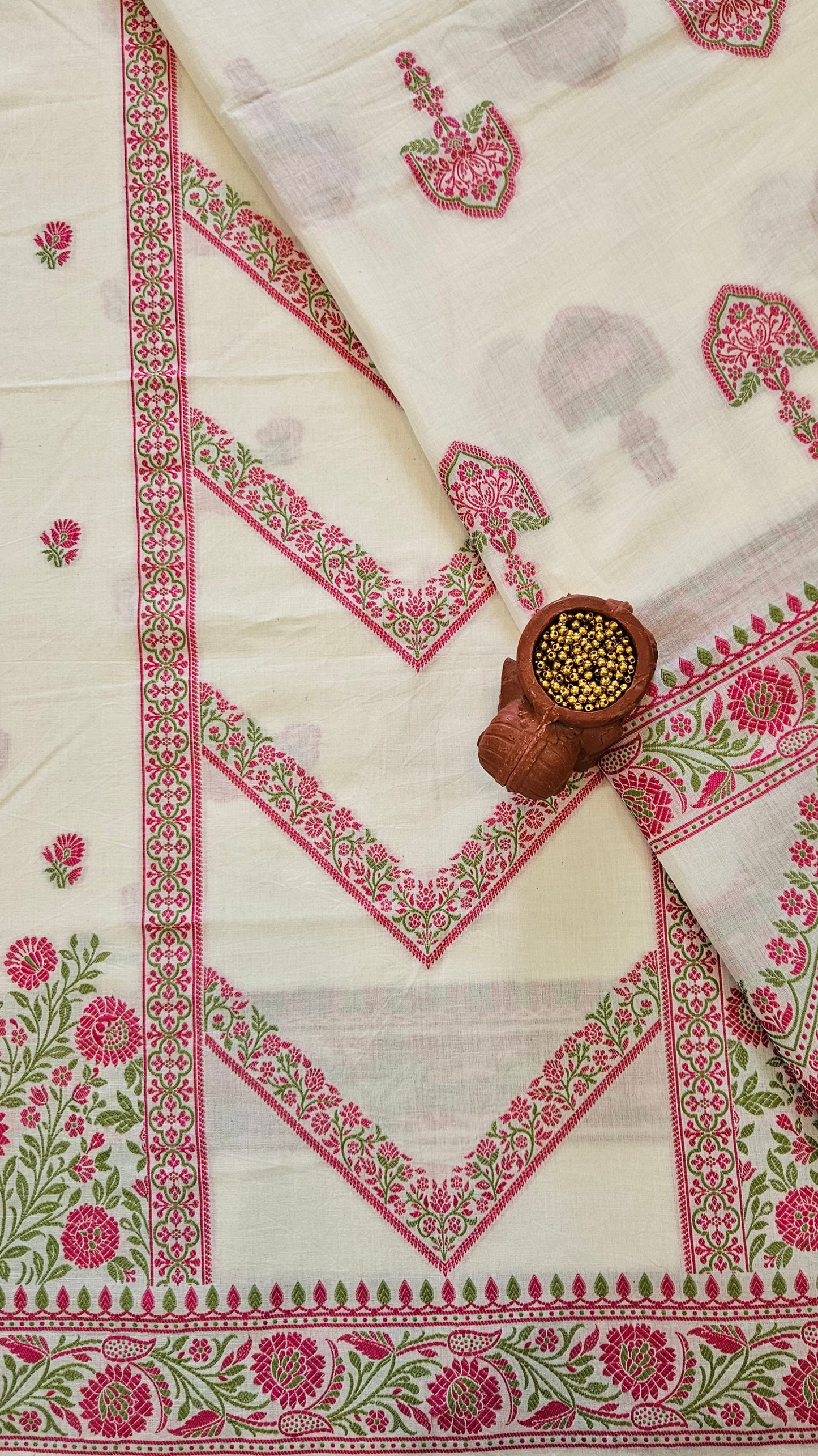 White pink'n'green premium cotton banarsi resham weave suit.