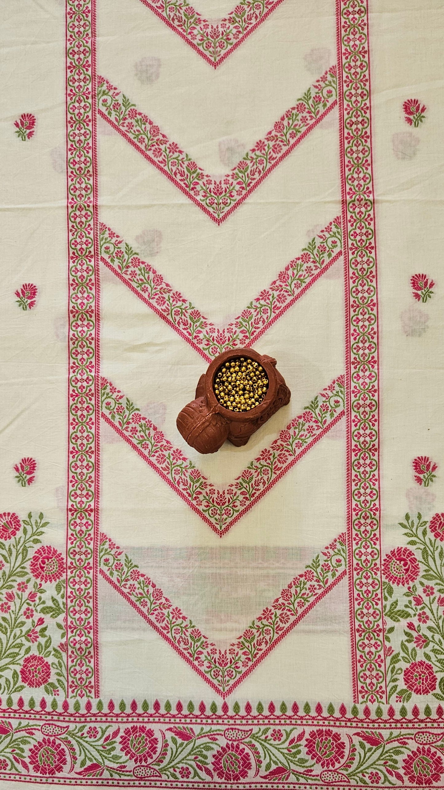 White pink'n'green premium cotton banarsi resham weave suit.