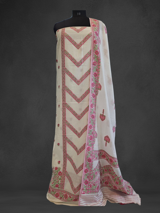 White pink'n'green premium cotton banarsi resham weave suit.