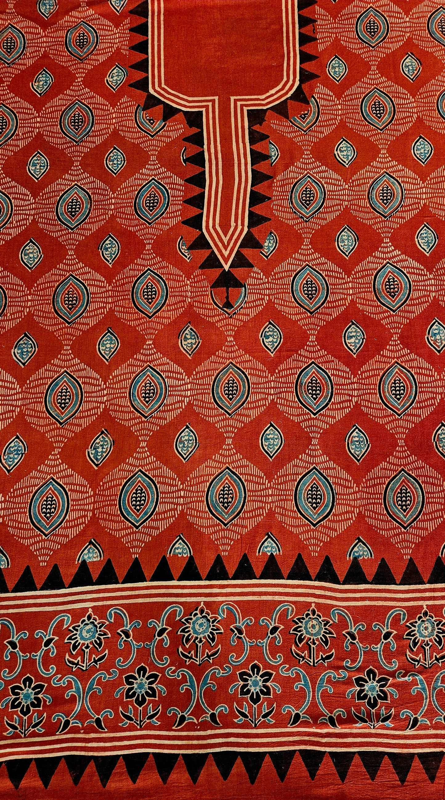 Brick red white'n'black ajrakh print ghera and neck border cotton kurta material