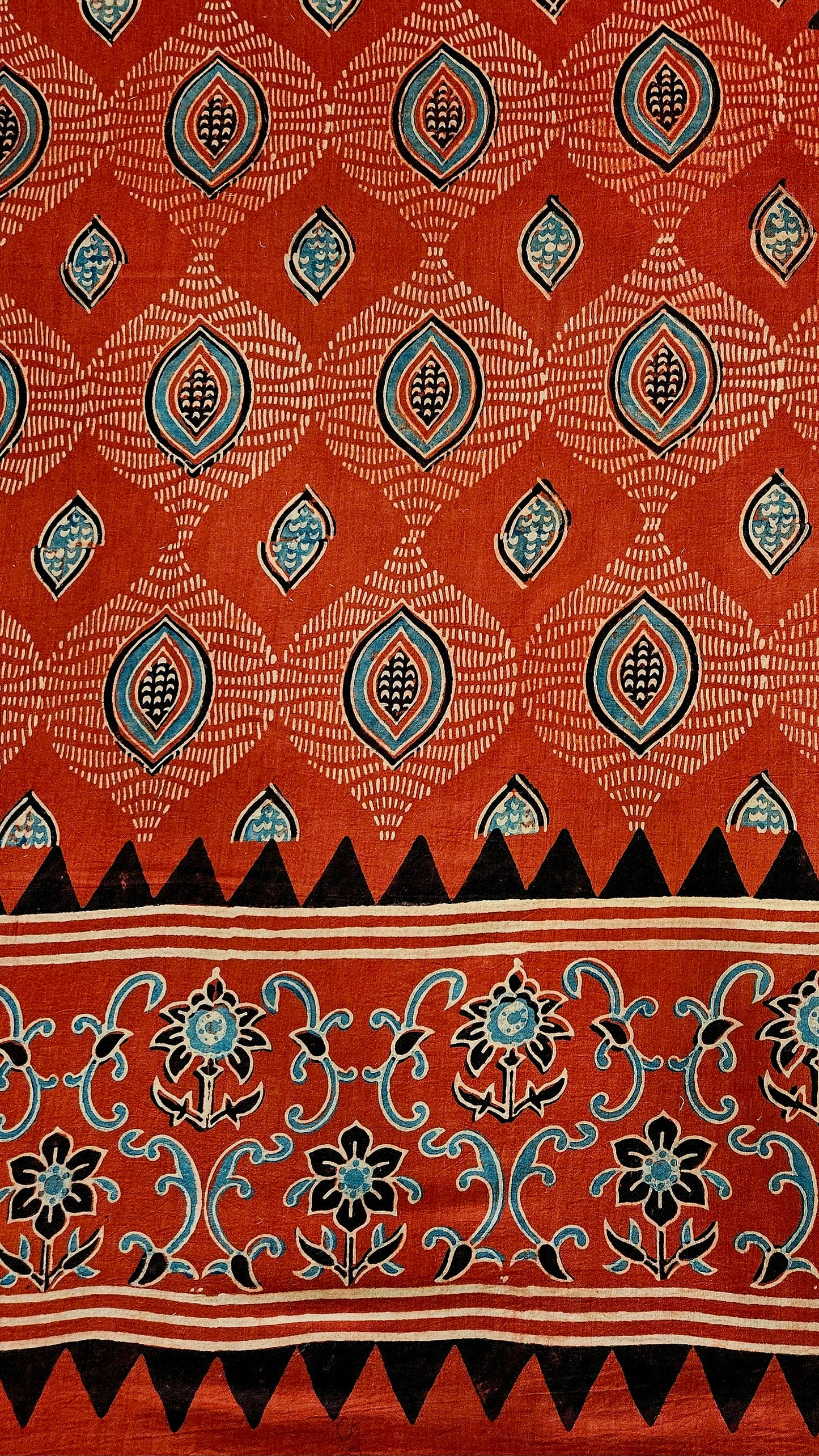 Brick red white'n'black ajrakh print ghera and neck border cotton kurta material